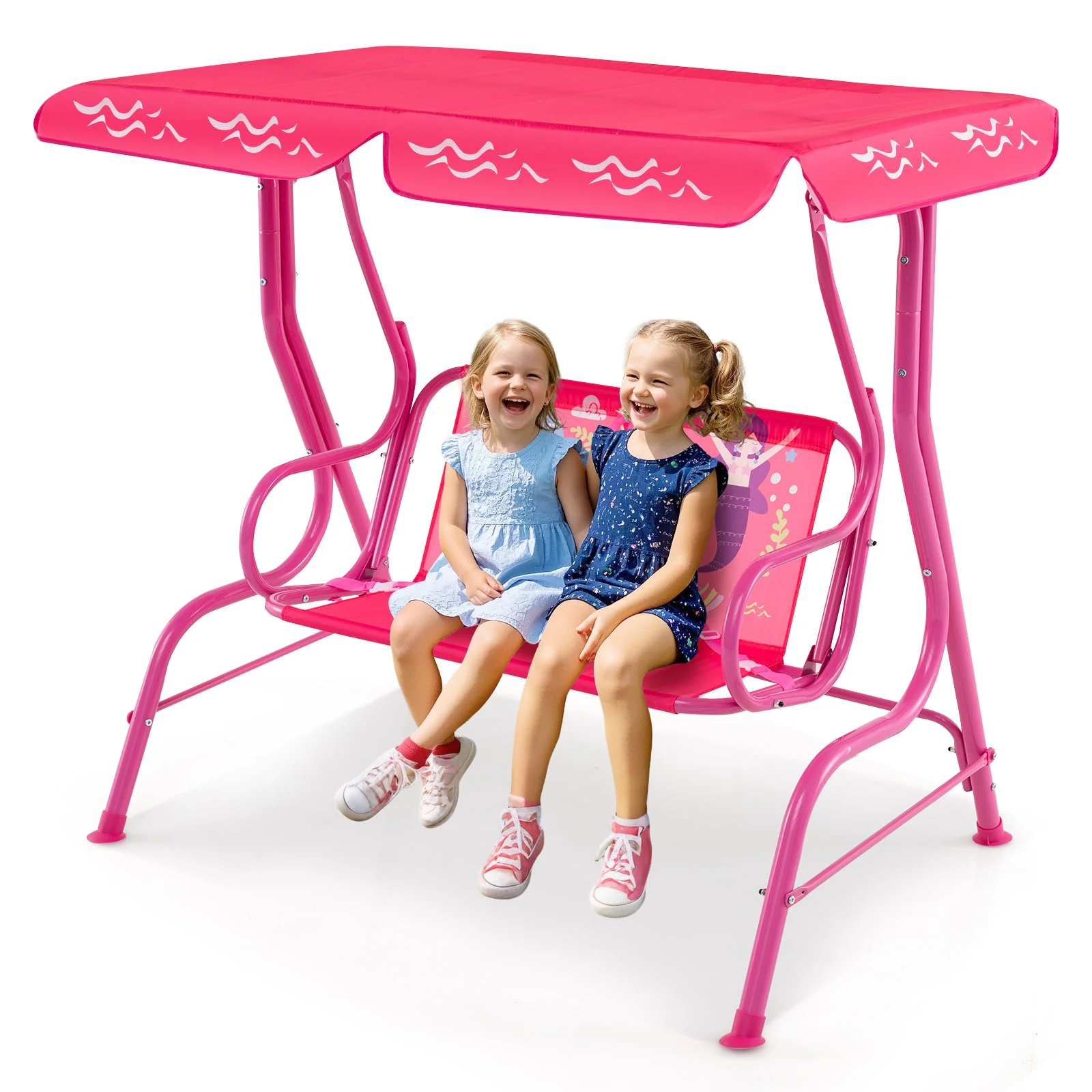 2-Seater Kids Patio Swing with Metal Stand and Adjustable Canopy-Pink - Image 4