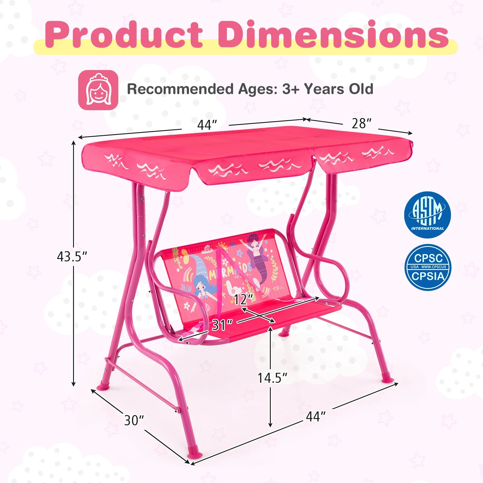 2-Seater Kids Patio Swing with Metal Stand and Adjustable Canopy-Pink - Image 5