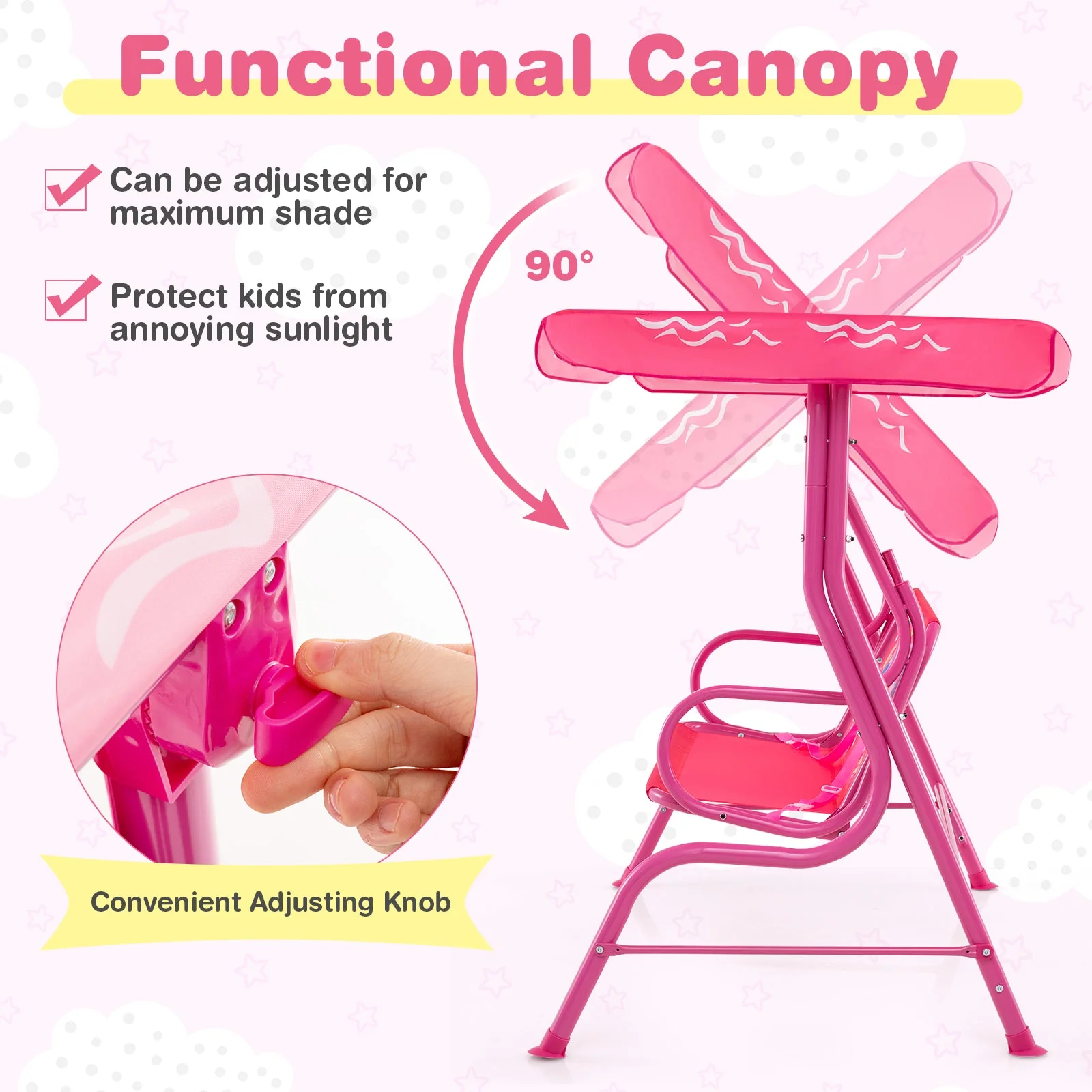 2-Seater Kids Patio Swing with Metal Stand and Adjustable Canopy-Pink - Image 6
