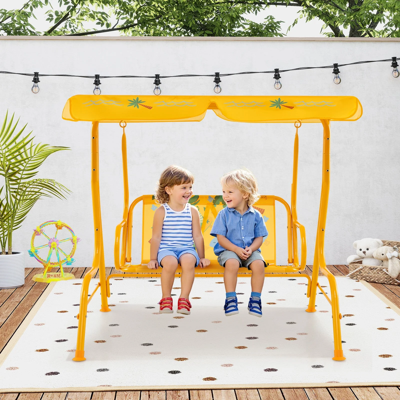 2-Seater Kids Patio Swing with Metal Stand and Adjustable Canopy-Yellow - Image 2