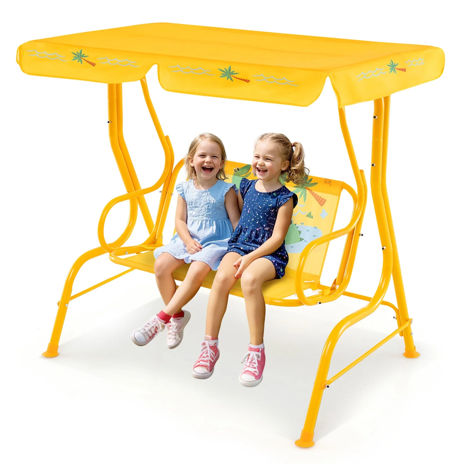 2-Seater Kids Patio Swing with Metal Stand and Adjustable Canopy-Yellow - Image 4