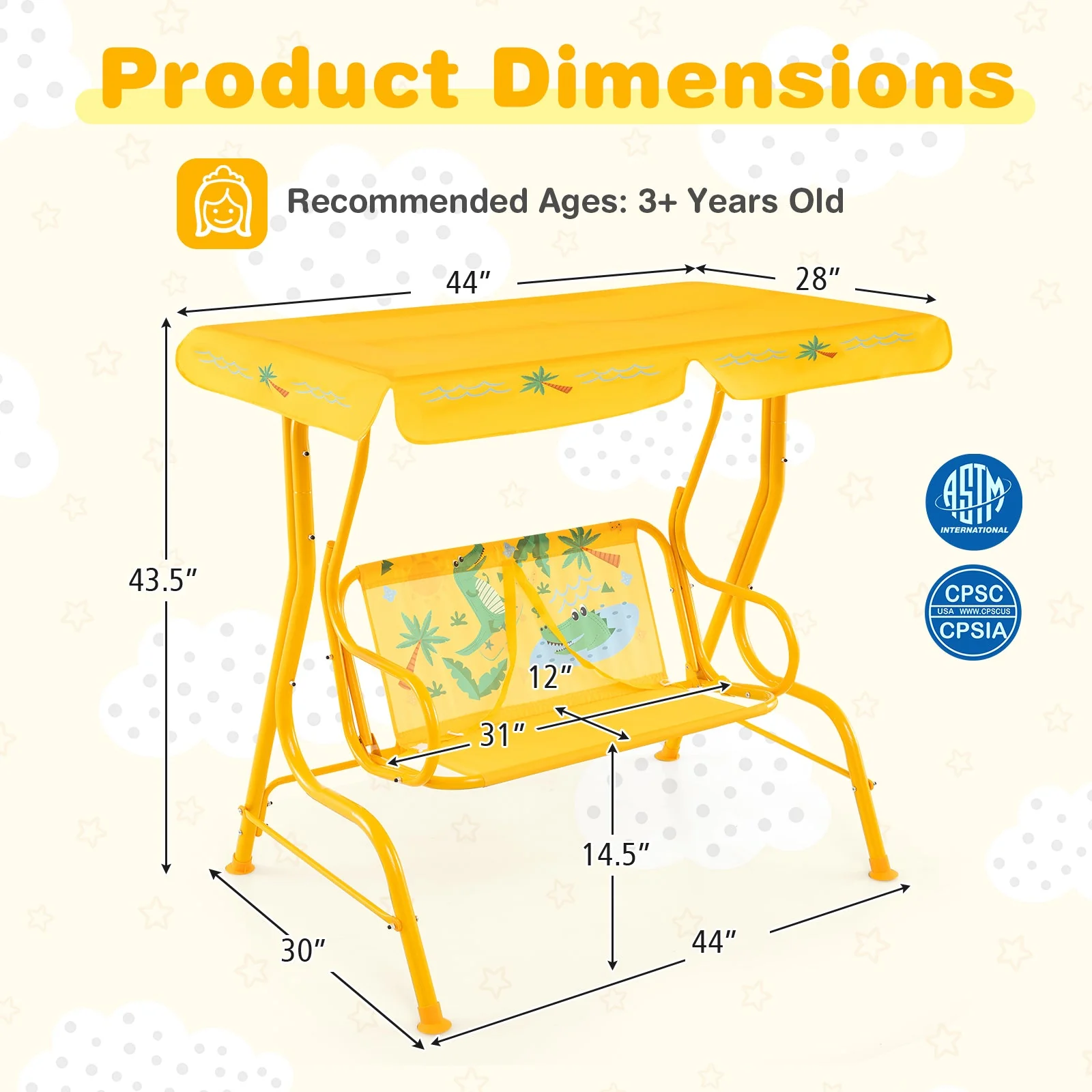2-Seater Kids Patio Swing with Metal Stand and Adjustable Canopy-Yellow - Image 5