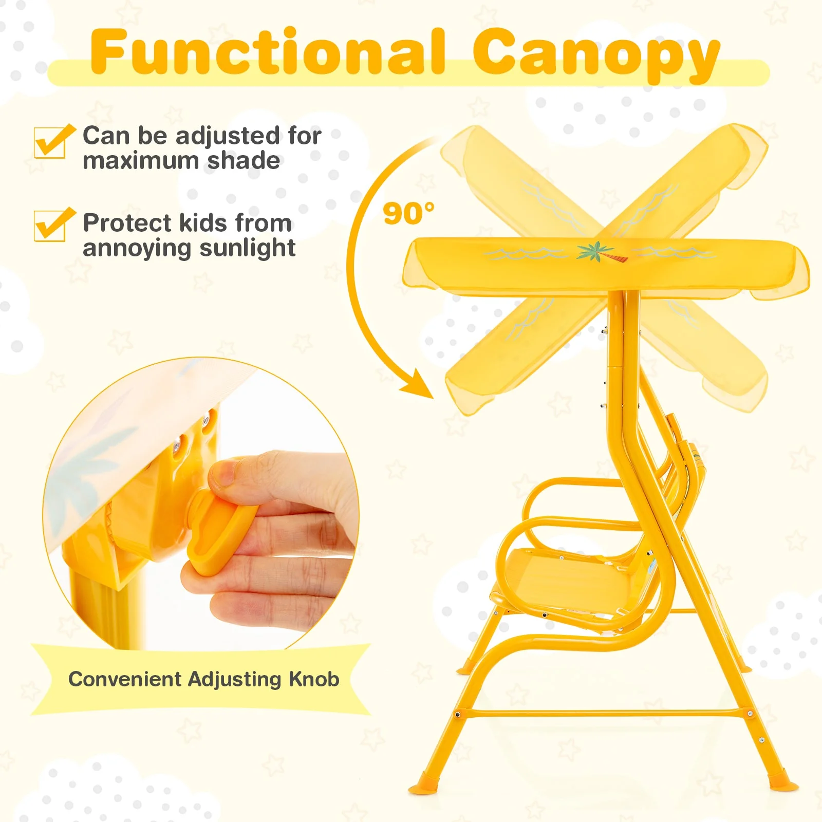 2-Seater Kids Patio Swing with Metal Stand and Adjustable Canopy-Yellow - Image 6