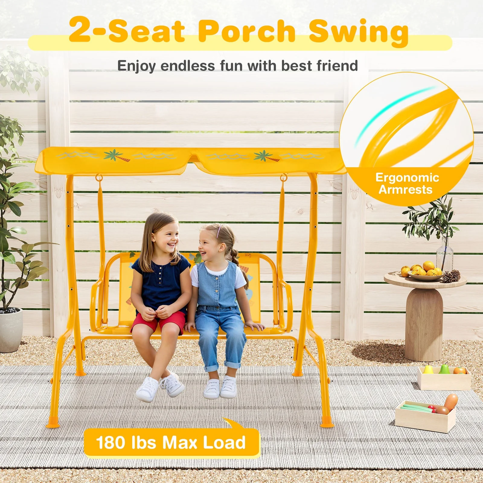 2-Seater Kids Patio Swing with Metal Stand and Adjustable Canopy-Yellow - Image 7