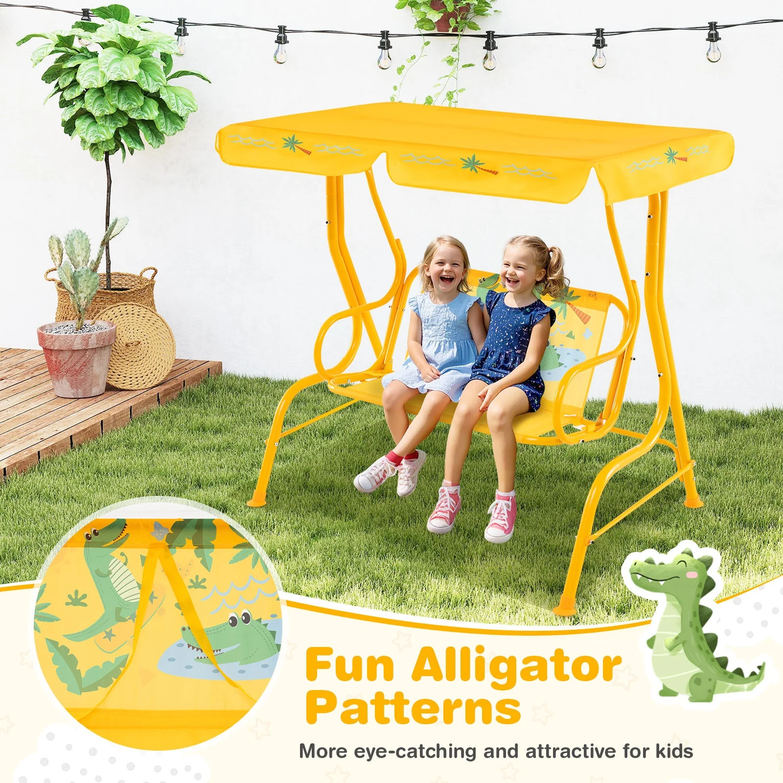 2-Seater Kids Patio Swing with Metal Stand and Adjustable Canopy-Yellow - Image 8