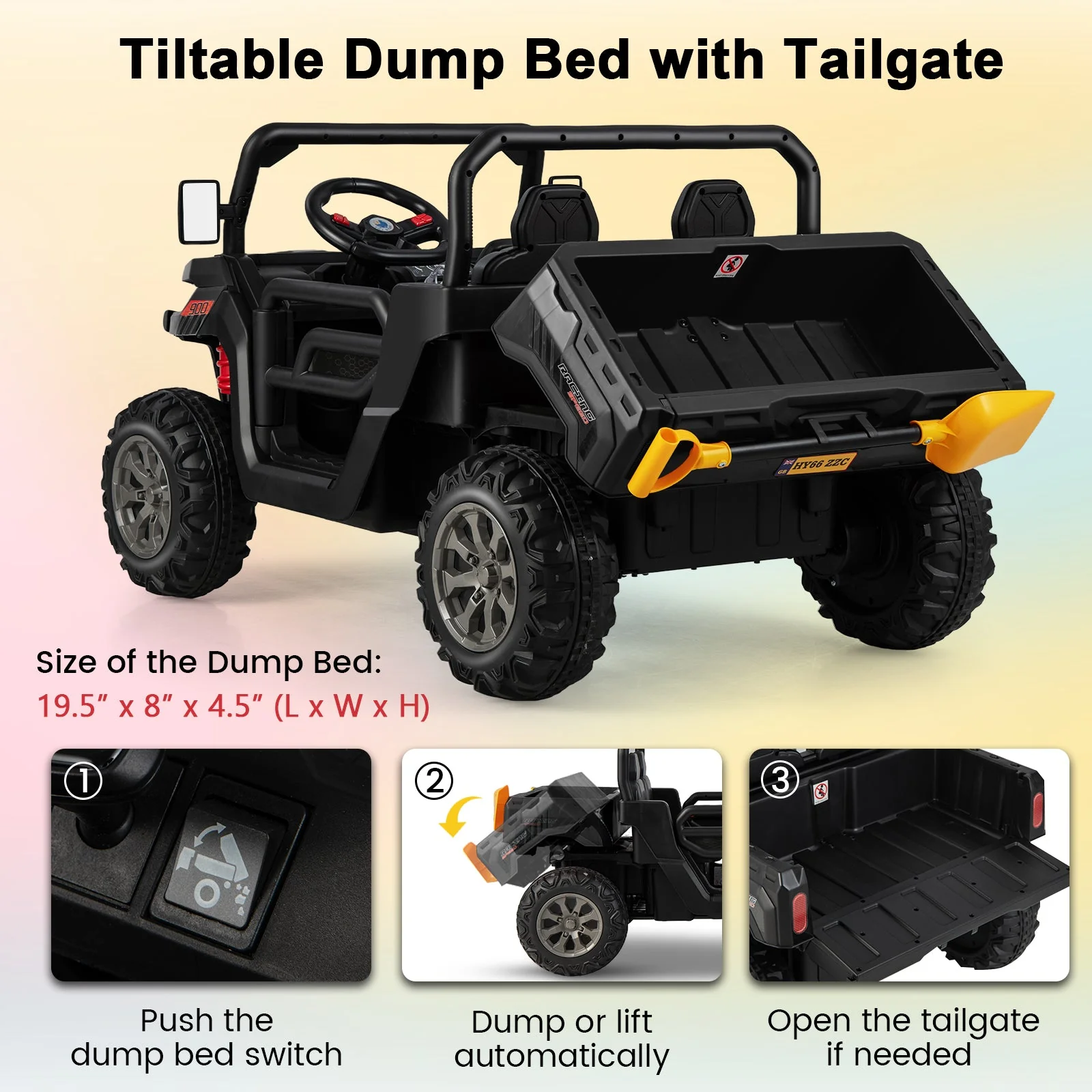 2-Seater Kids Ride On Dump Truck with Dump Bed and Shovel-Black - Image 6