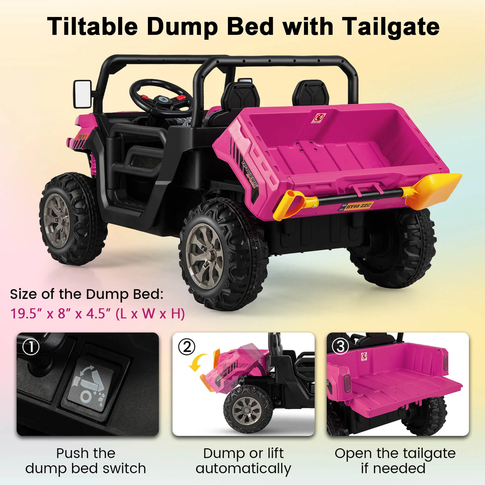 2-Seater Kids Ride On Dump Truck with Dump Bed and Shovel-Pink - Image 7