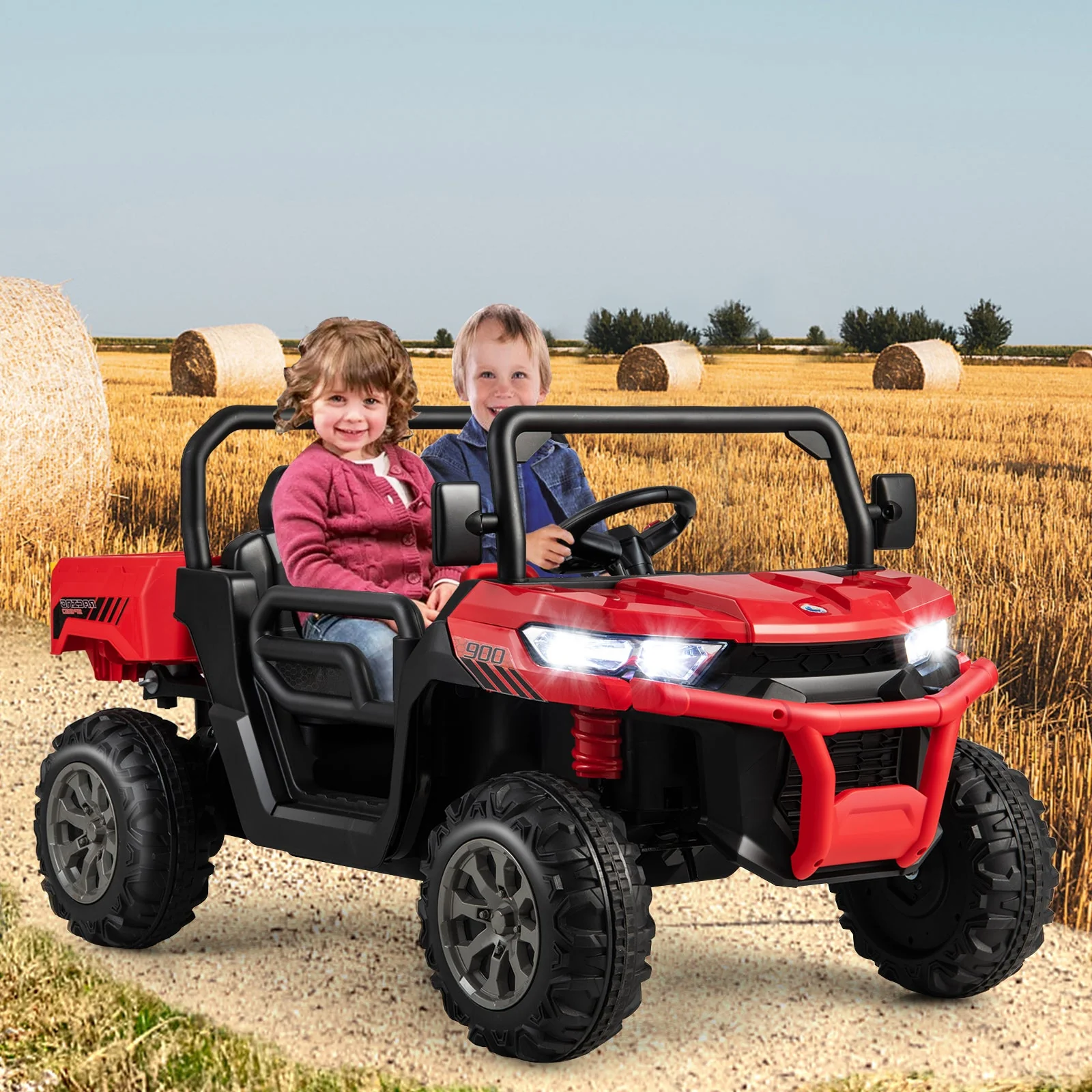 2-Seater Kids Ride On Dump Truck with Dump Bed and Shovel-Red - Image 2