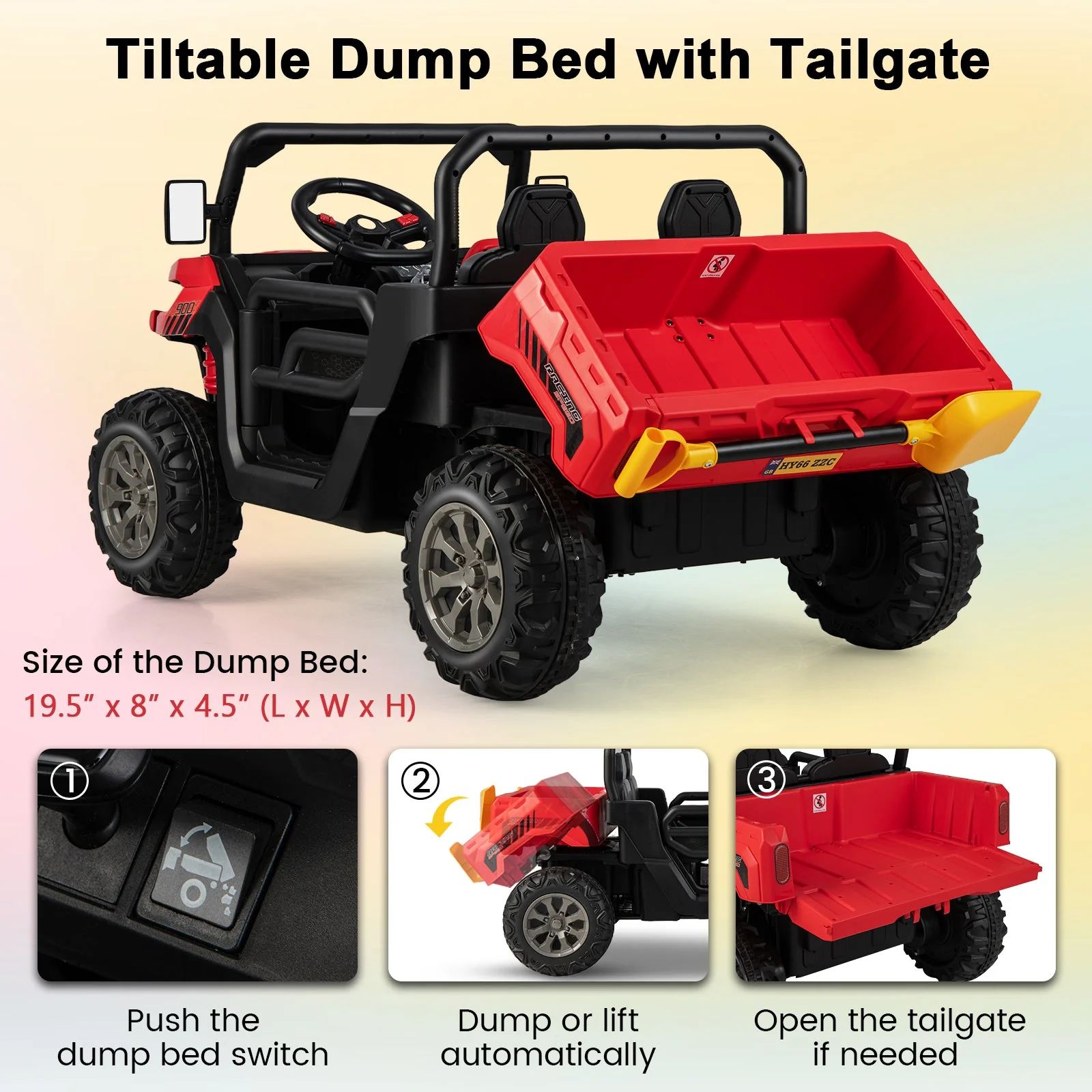 2-Seater Kids Ride On Dump Truck with Dump Bed and Shovel-Red - Image 7