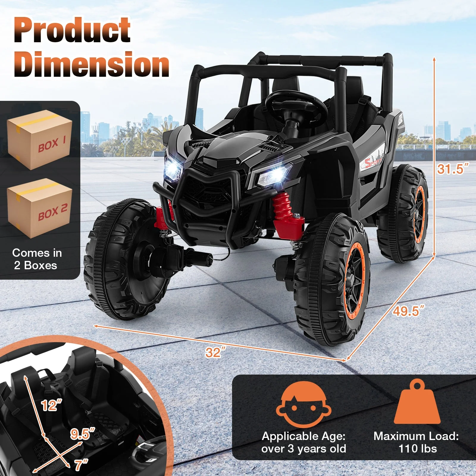 2-Seater Kids Ride on UTV with 2.4G Remote Control for over 3 Years Old Children-Black - Image 5