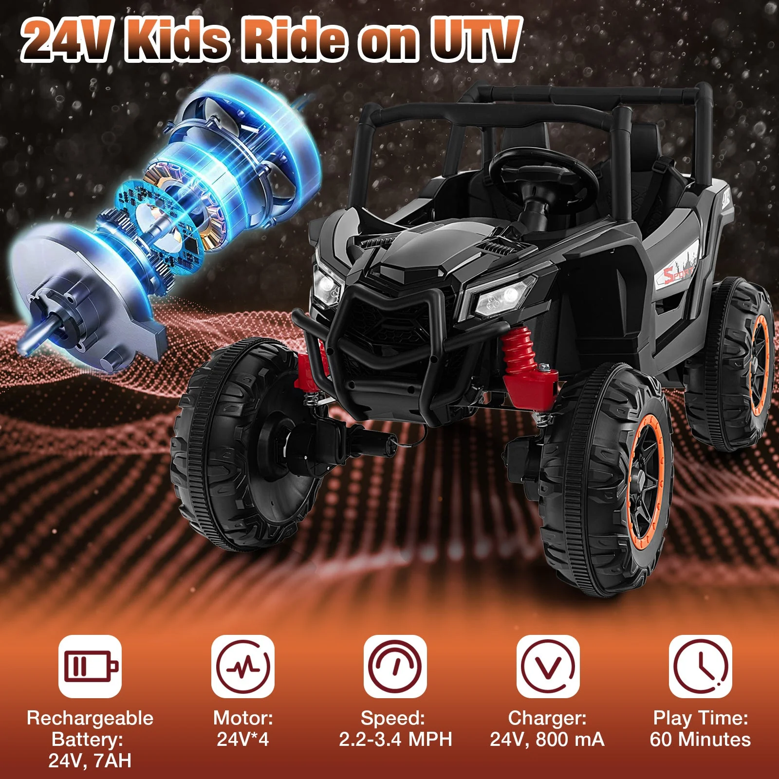 2-Seater Kids Ride on UTV with 2.4G Remote Control for over 3 Years Old Children-Black - Image 8