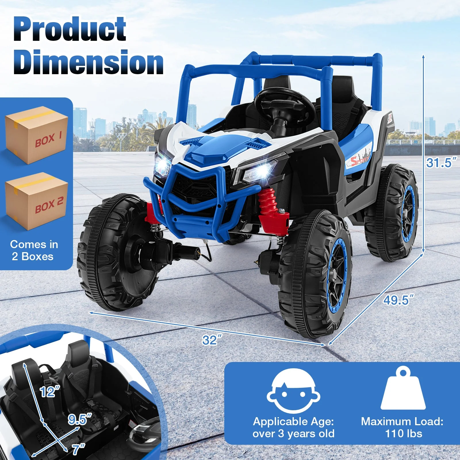 2-Seater Kids Ride on UTV with 2.4G Remote Control for over 3 Years Old Children-Navy - Image 5