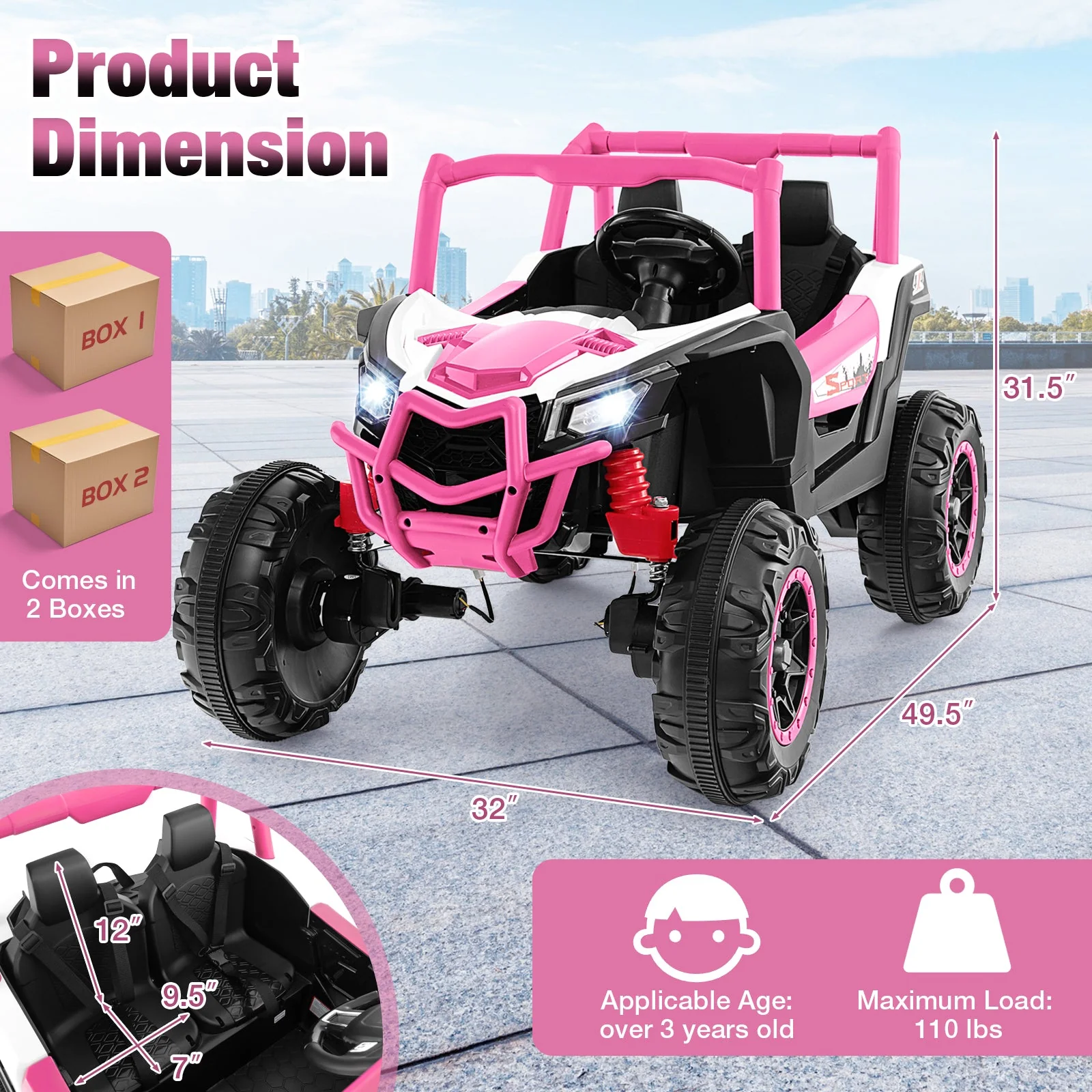 2-Seater Kids Ride on UTV with 2.4G Remote Control for over 3 Years Old Children-Pink - Image 5