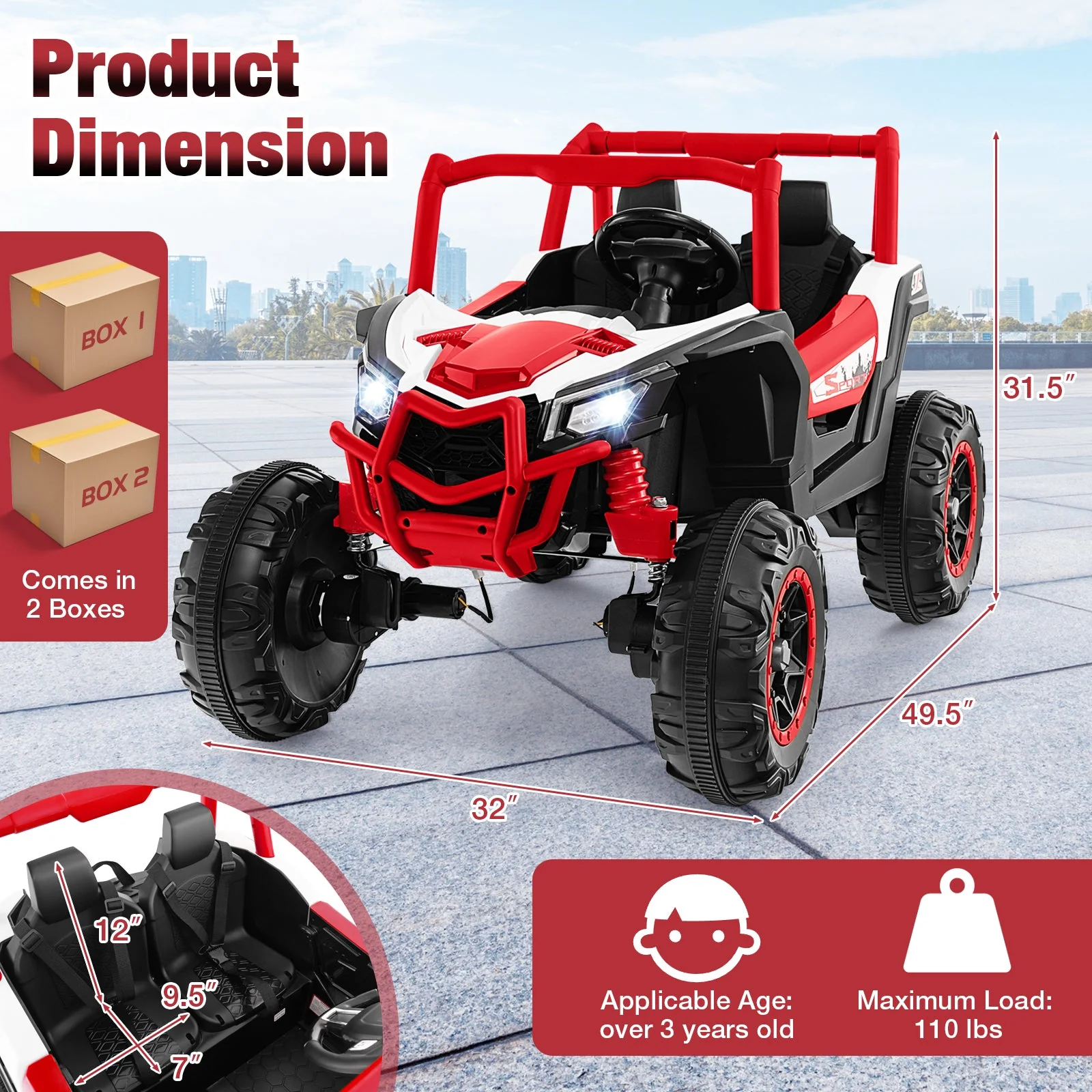2-Seater Kids Ride on UTV with 2.4G Remote Control for over 3 Years Old Children-Red - Image 5