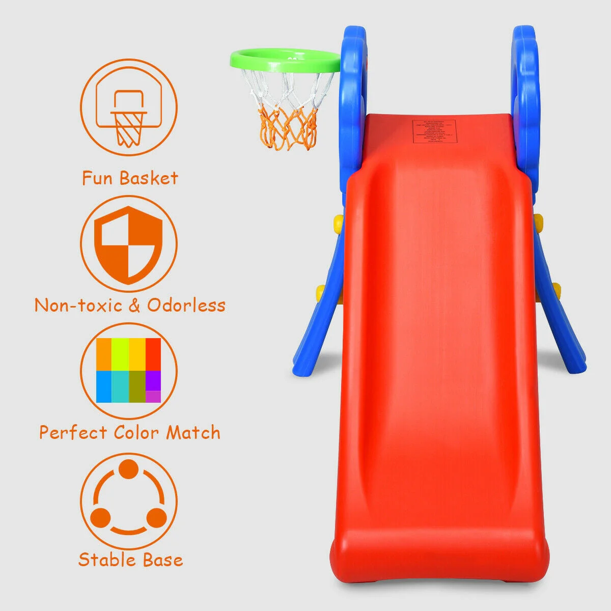 2 Step Indoors Kids Plastic Folding Slide with Basketball Hoop - Image 3