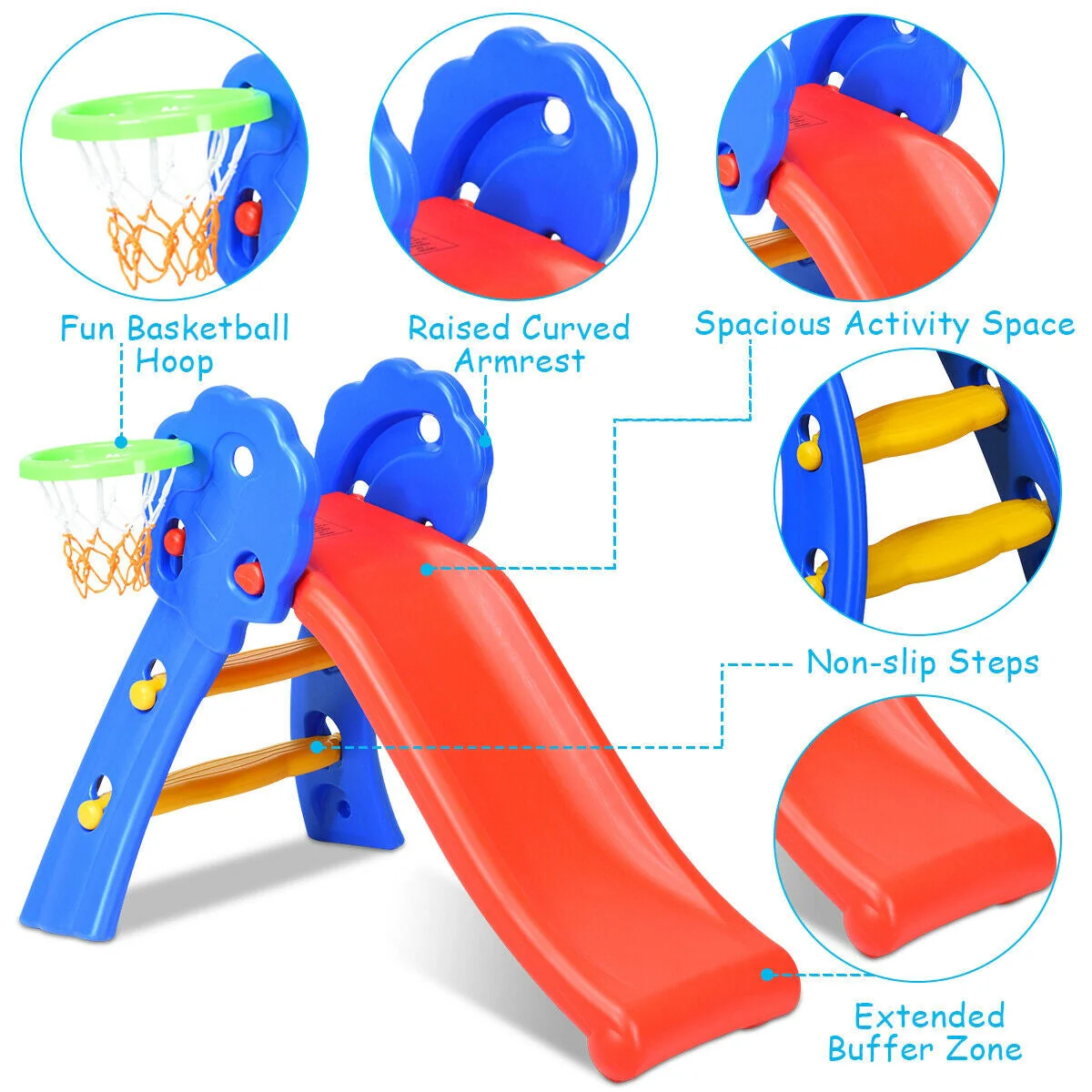2 Step Indoors Kids Plastic Folding Slide with Basketball Hoop - Image 5