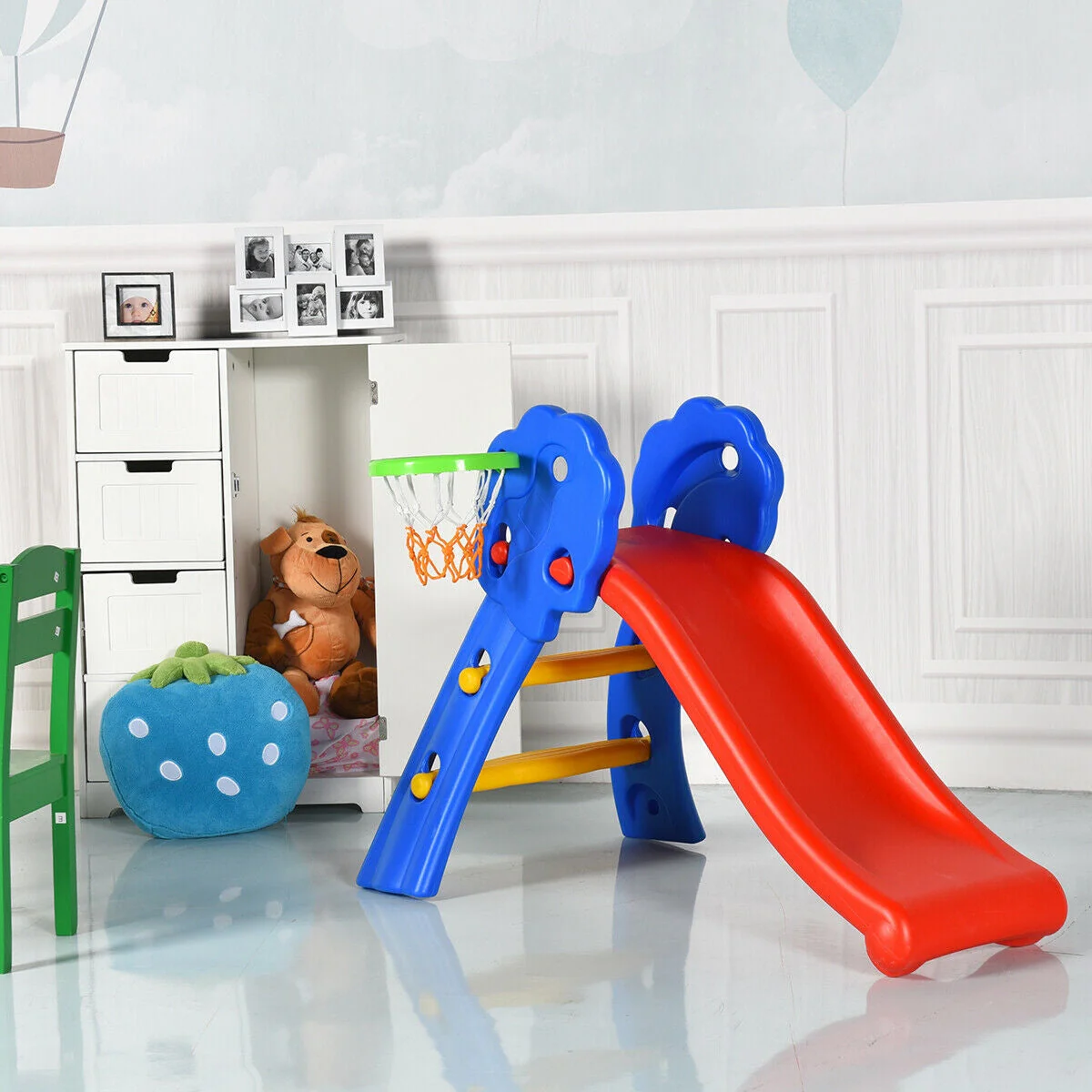 2 Step Indoors Kids Plastic Folding Slide with Basketball Hoop - Image 7