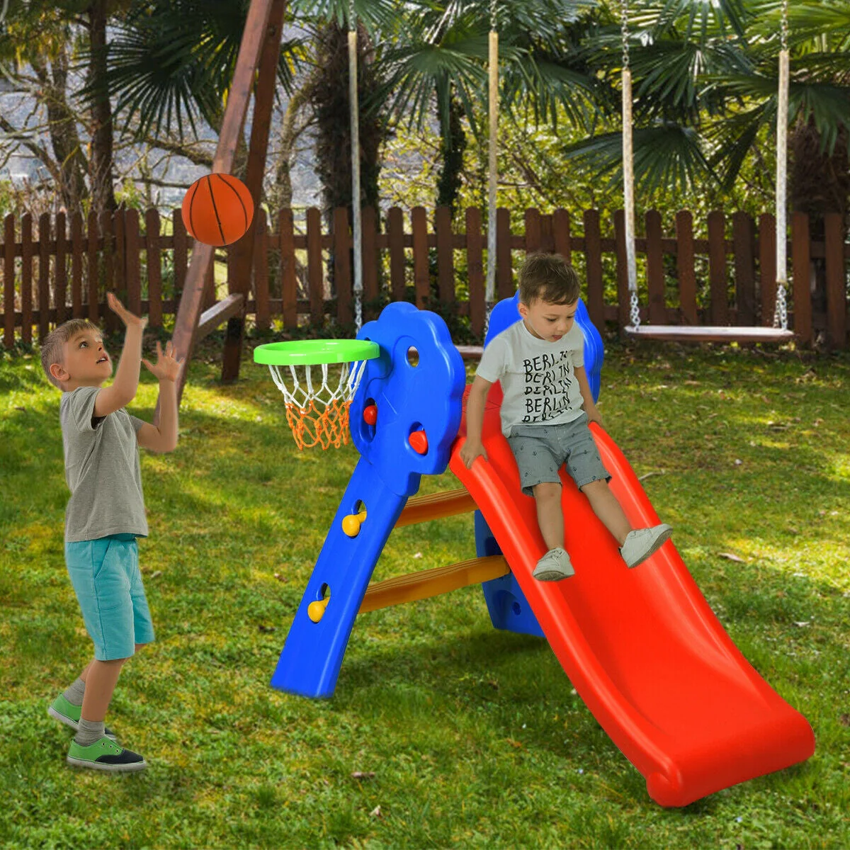 2 Step Indoors Kids Plastic Folding Slide with Basketball Hoop - Image 8