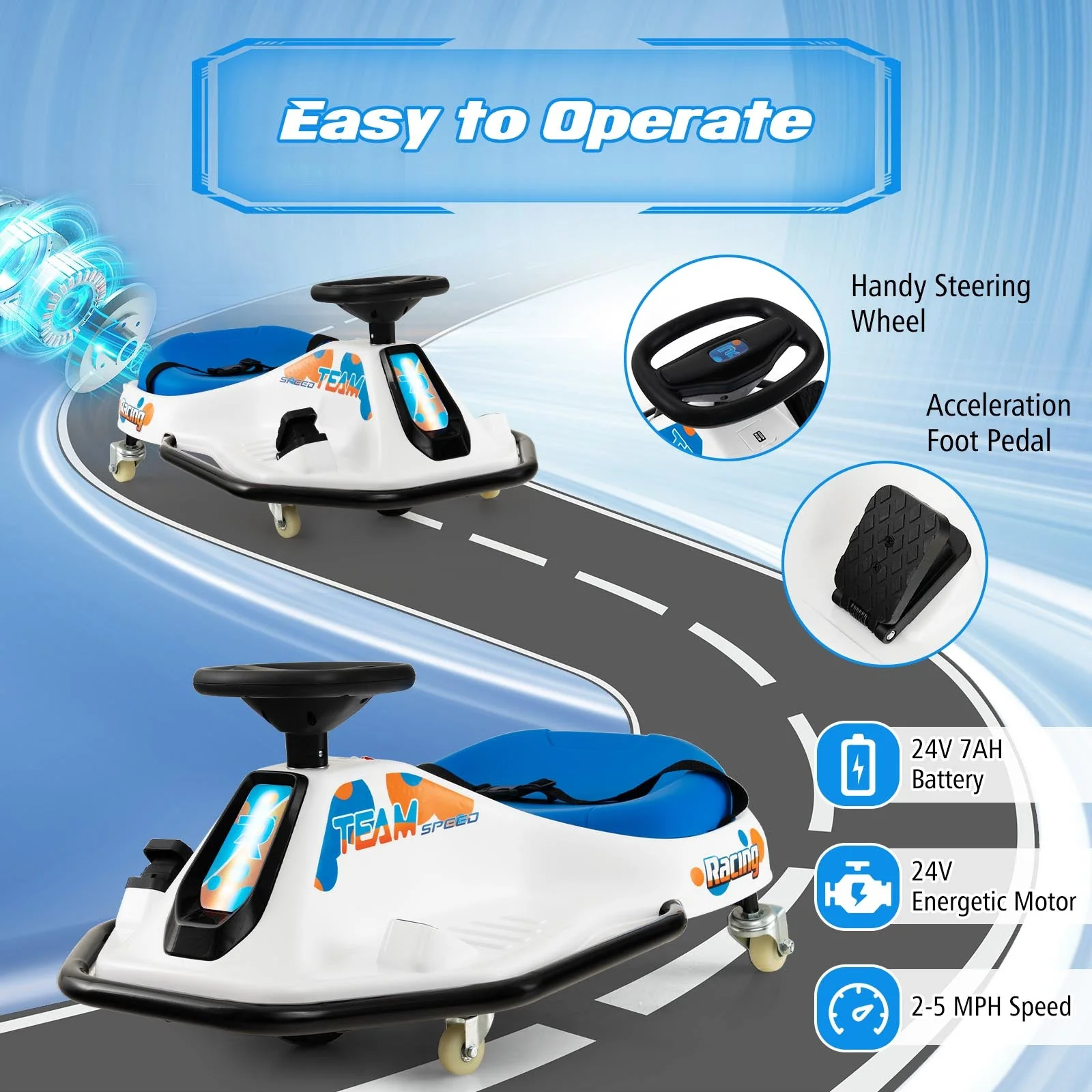 24V Electric Drifting Go Kart for Kids with 360° Spin Wireless Connection-Navy - Image 8