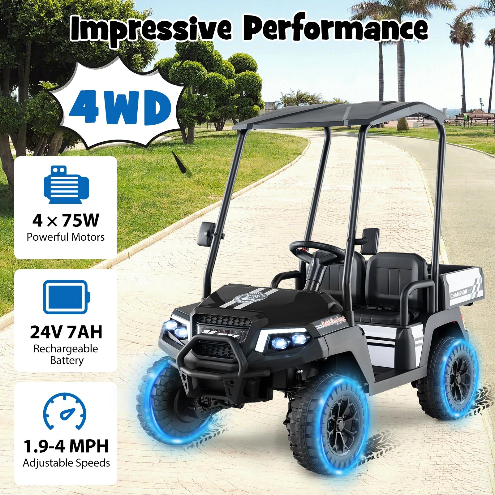 24V Kids Golf Cart 4WD 2-Seater Ride on Car with Storage Trunk and Horn-Black - Image 8