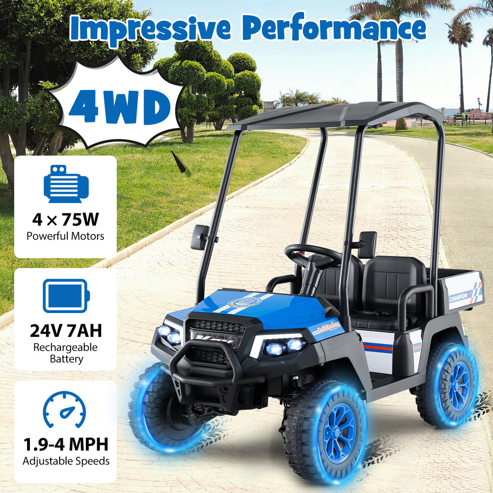 24V Kids Golf Cart 4WD 2-Seater Ride on Car with Storage Trunk and Horn-Blue - Image 8