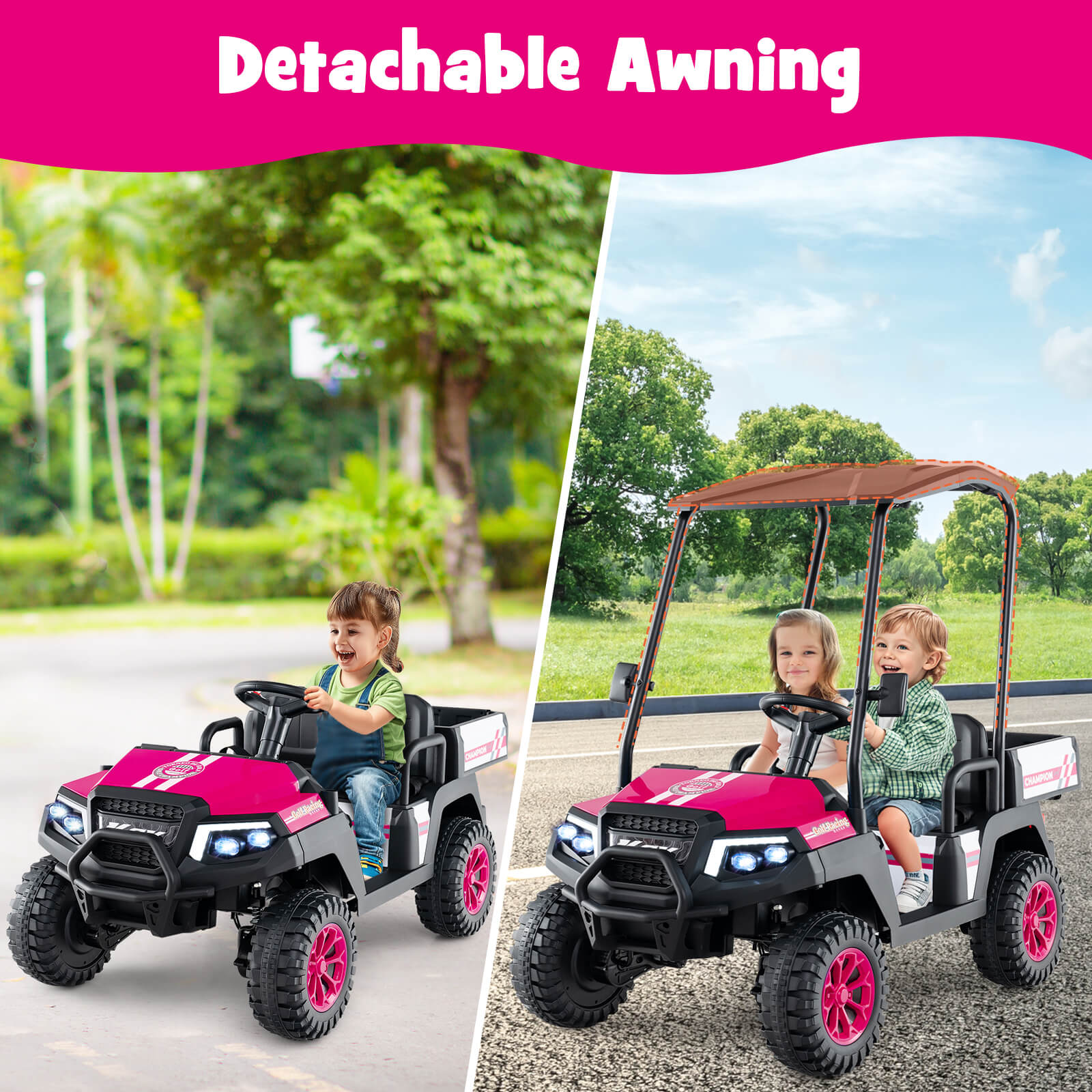 24V Kids Golf Cart 4WD 2-Seater Ride on Car with Storage Trunk and Horn-Pink - Image 2