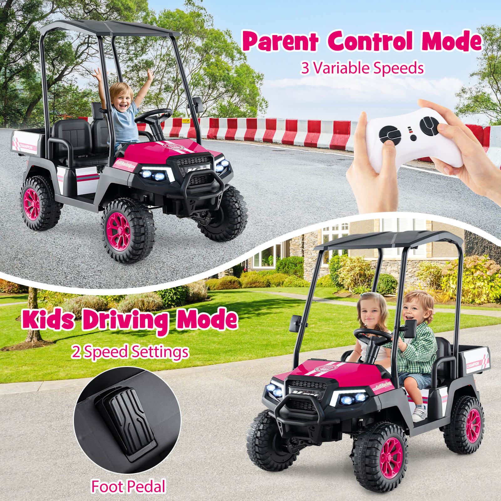 24V Kids Golf Cart 4WD 2-Seater Ride on Car with Storage Trunk and Horn-Pink - Image 8