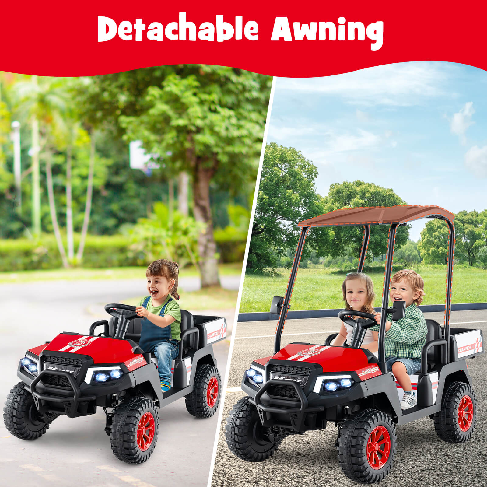 24V Kids Golf Cart 4WD 2-Seater Ride on Car with Storage Trunk and Horn-Red - Image 2