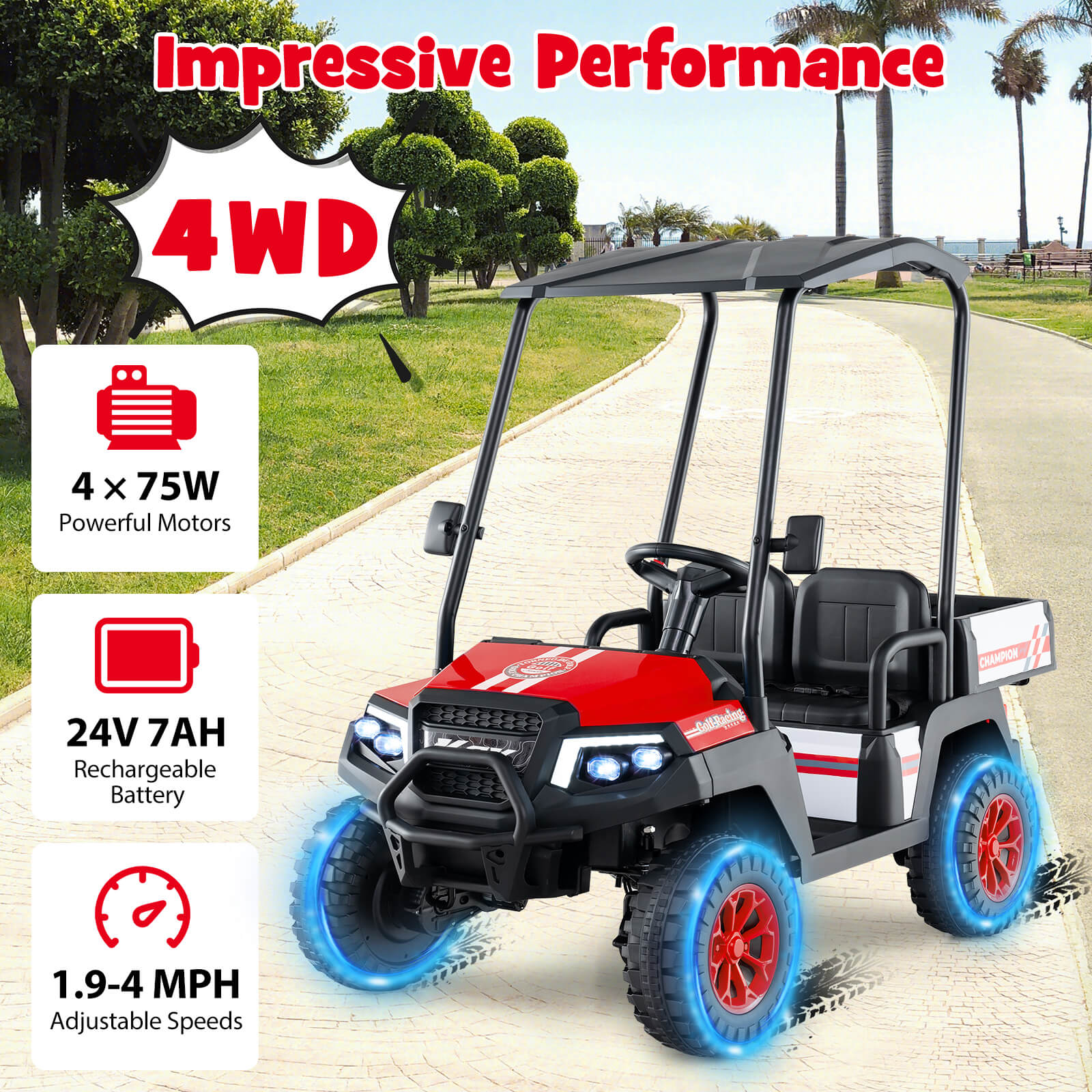 24V Kids Golf Cart 4WD 2-Seater Ride on Car with Storage Trunk and Horn-Red - Image 8