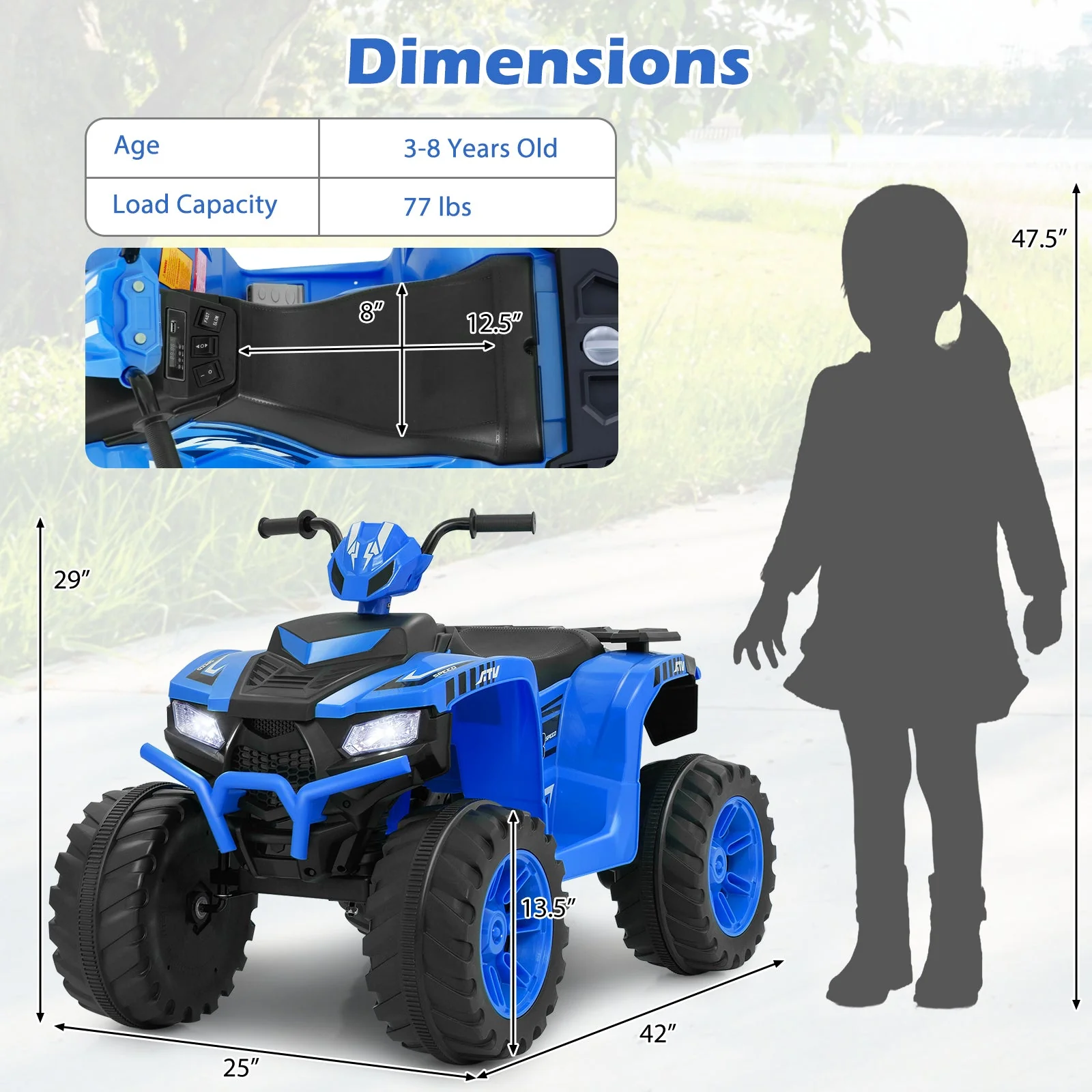 24V Kids Ride-On Electric ATV with Wireless Connection for Toddlers 3-8 Years Old-Blue - Image 5