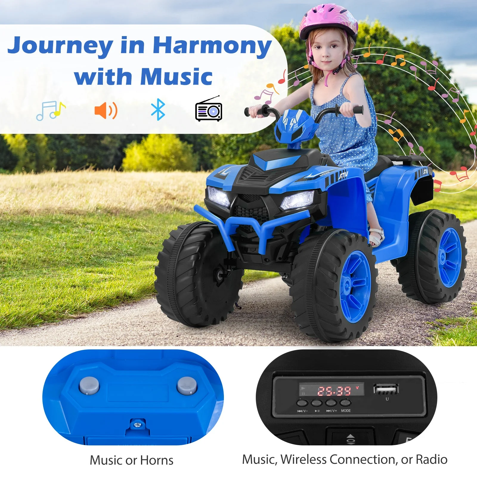 24V Kids Ride-On Electric ATV with Wireless Connection for Toddlers 3-8 Years Old-Blue - Image 7