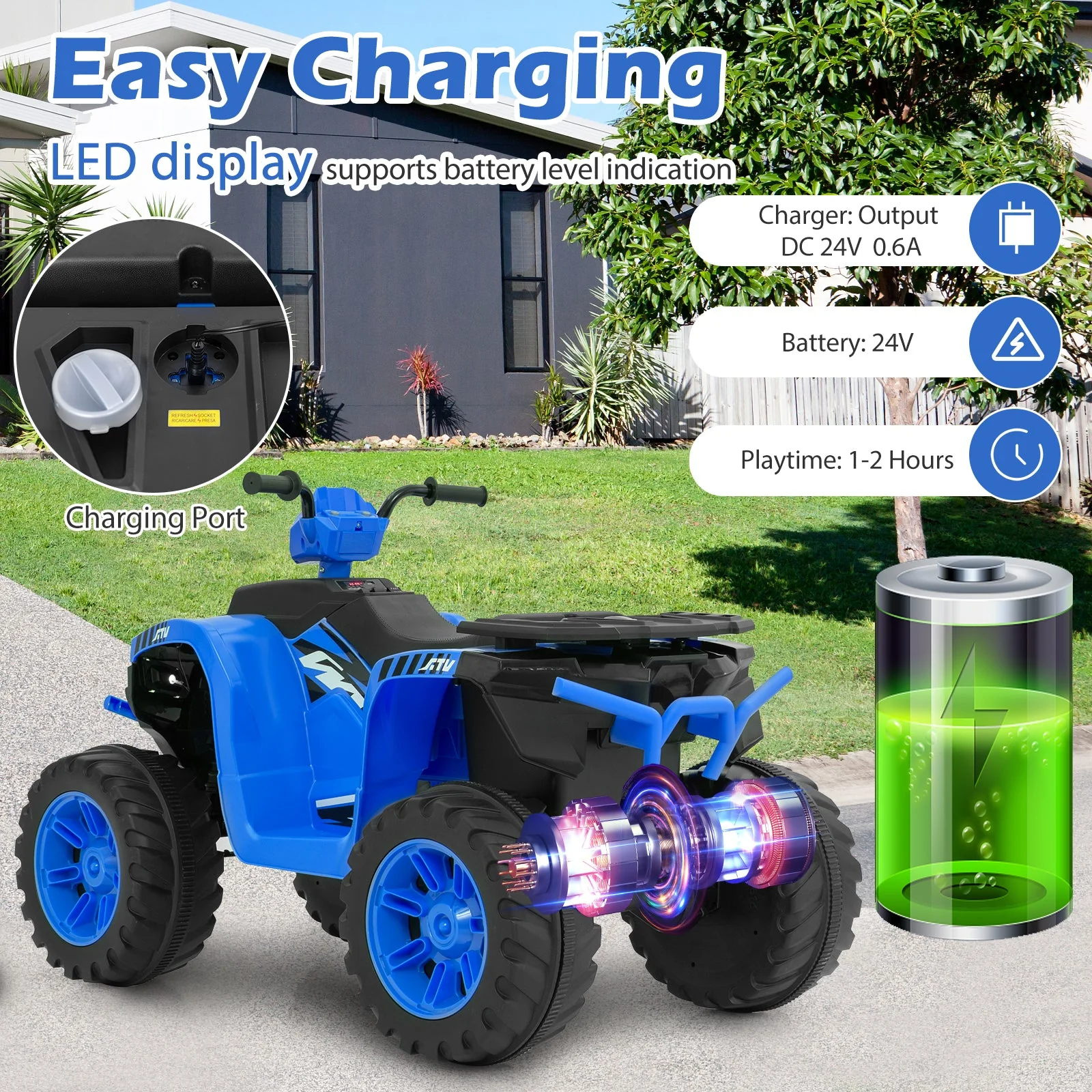 24V Kids Ride-On Electric ATV with Wireless Connection for Toddlers 3-8 Years Old-Blue - Image 8
