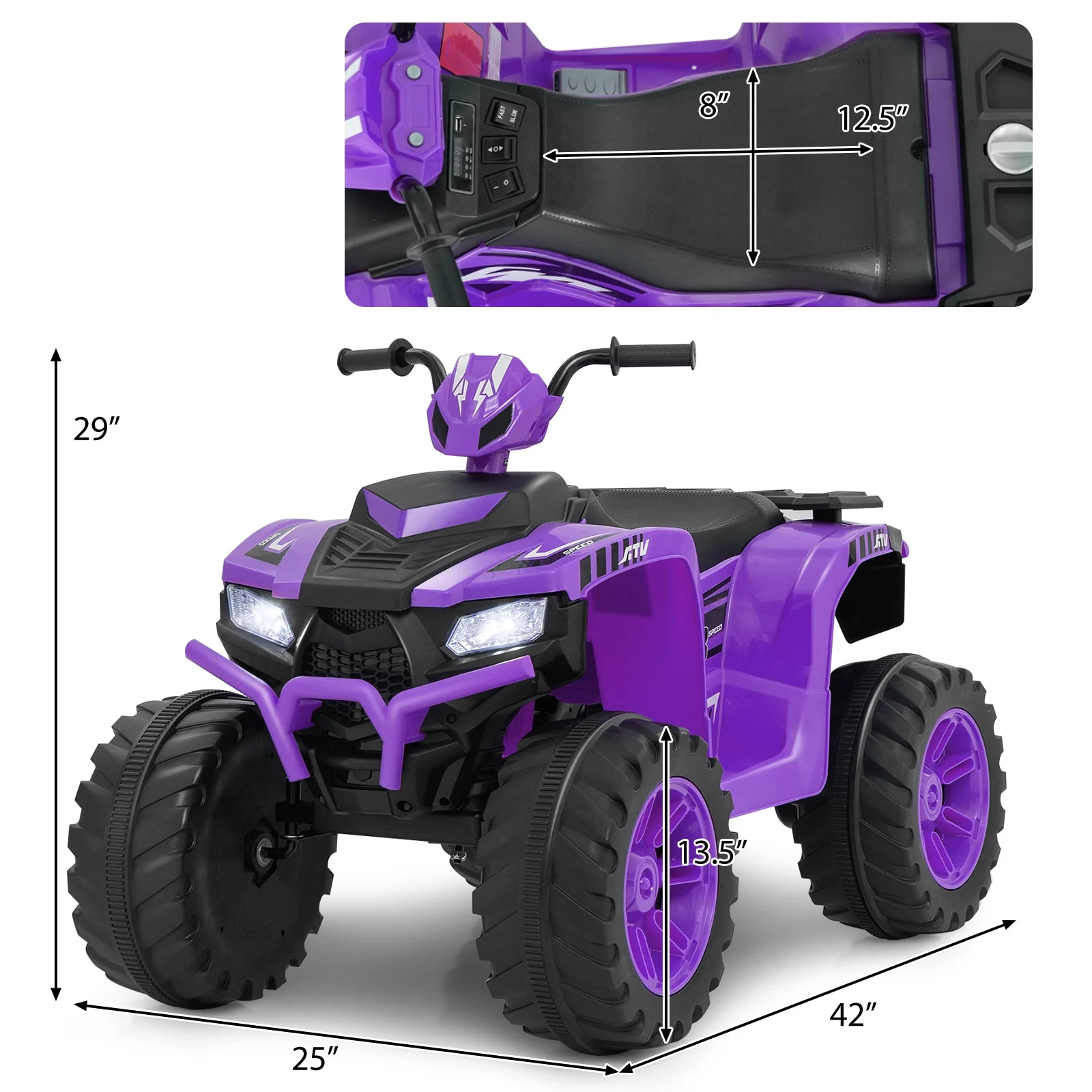 24V Kids Ride-On Electric ATV with Wireless Connection for Toddlers 3-8 Years Old-Purple - Image 4