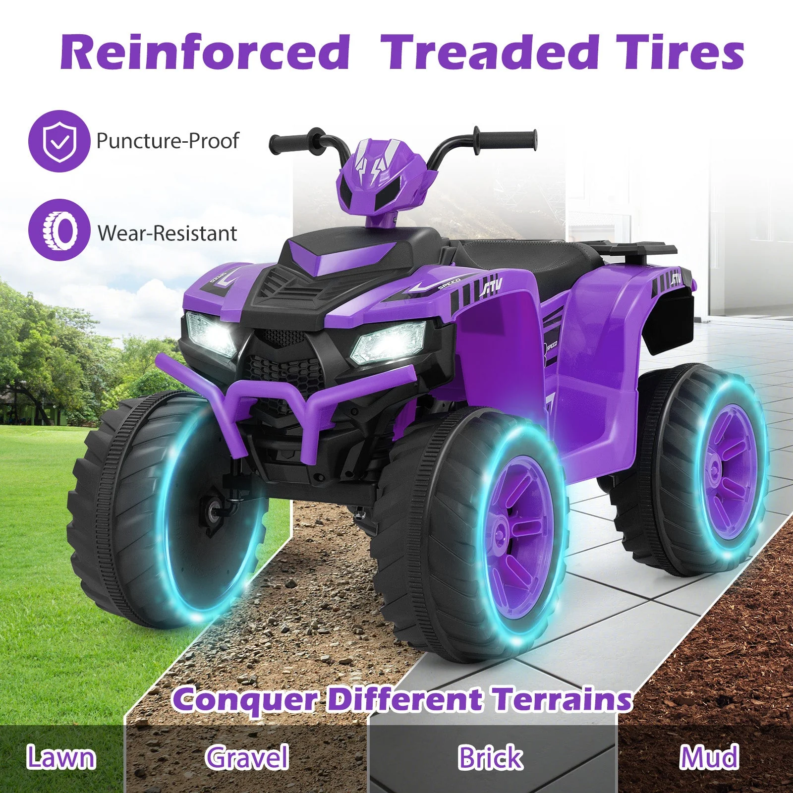 24V Kids Ride-On Electric ATV with Wireless Connection for Toddlers 3-8 Years Old-Purple - Image 6