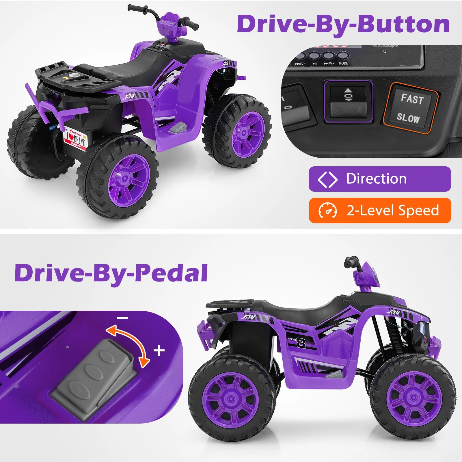 24V Kids Ride-On Electric ATV with Wireless Connection for Toddlers 3-8 Years Old-Purple - Image 7