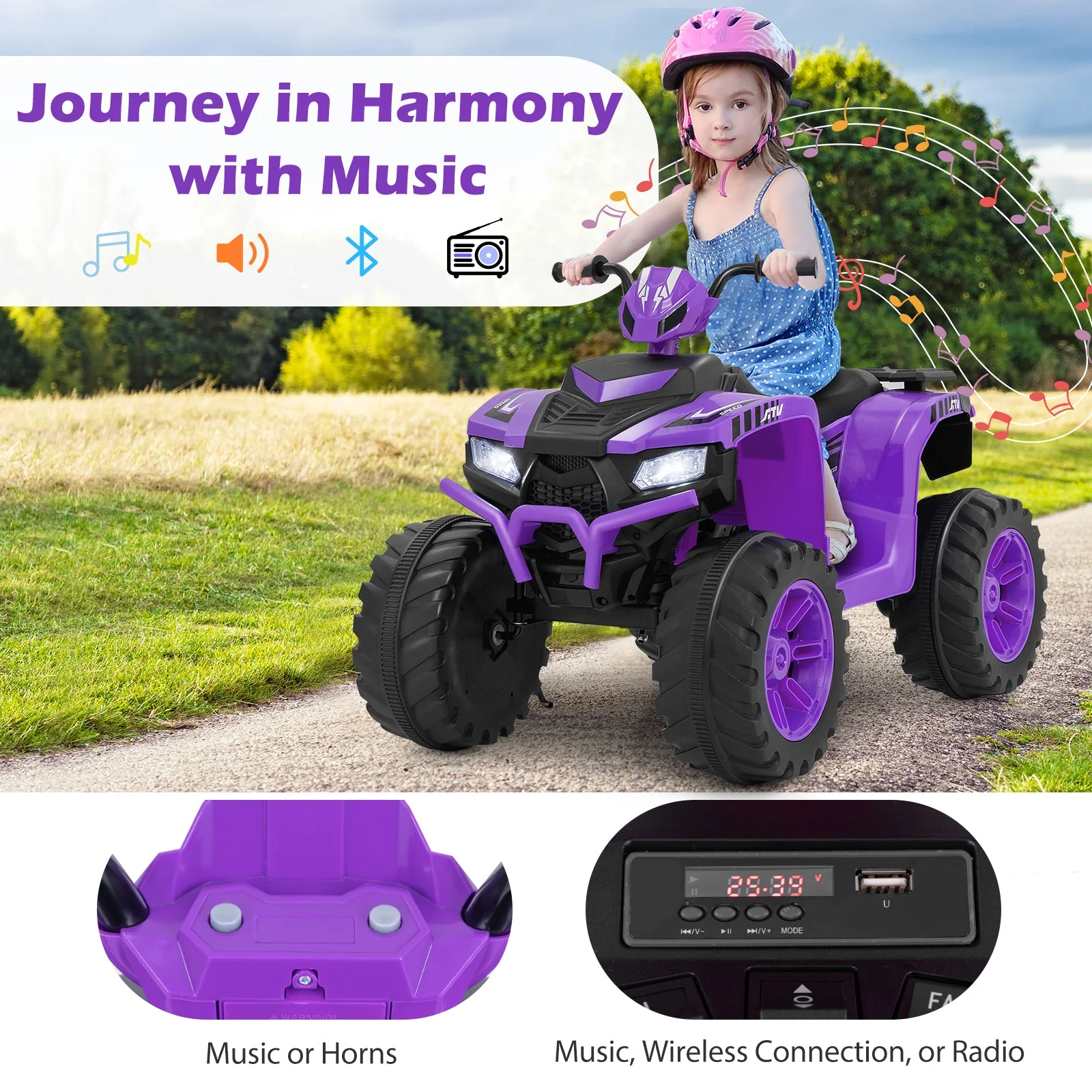 24V Kids Ride-On Electric ATV with Wireless Connection for Toddlers 3-8 Years Old-Purple - Image 8