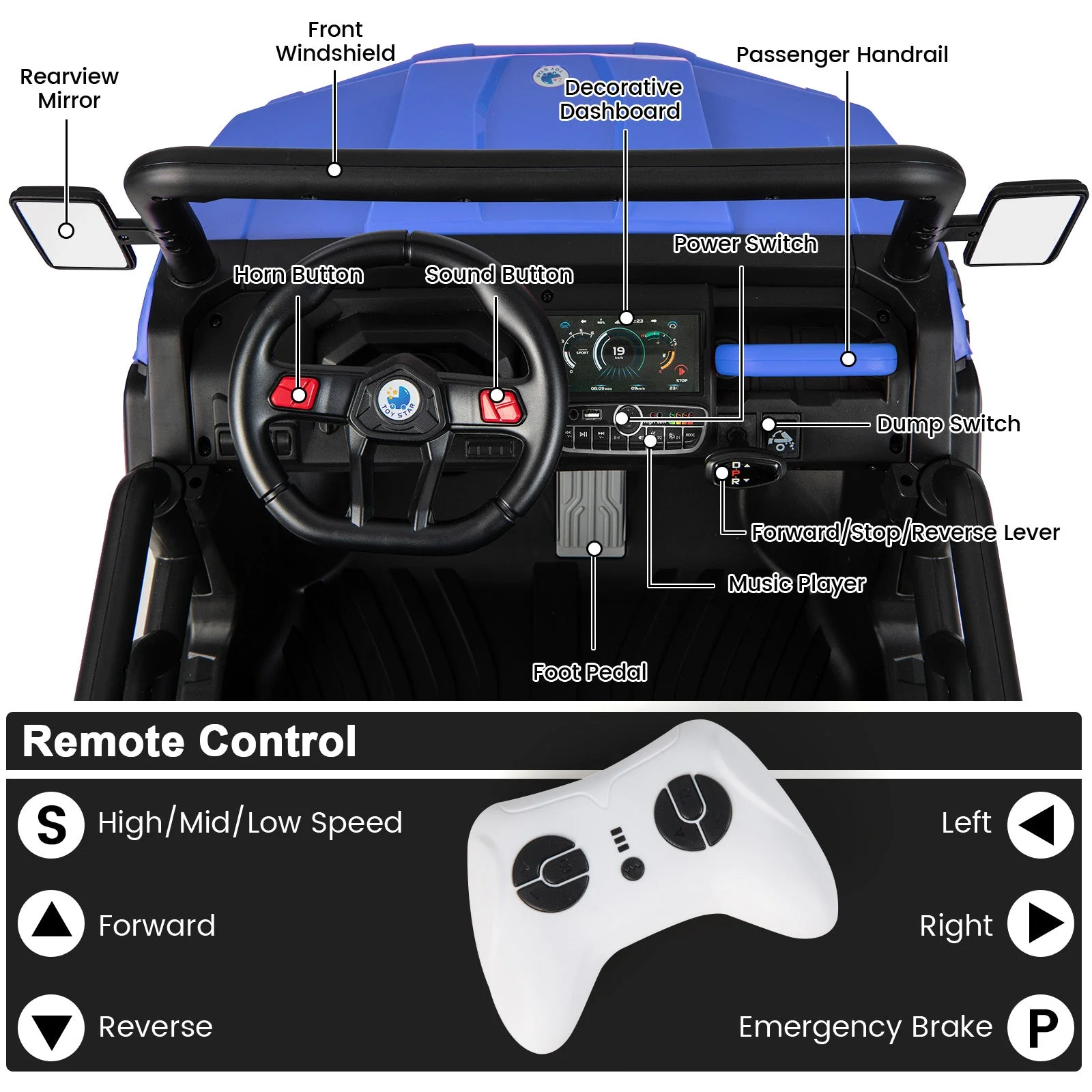 24V Ride on Dump Truck with Remote Control-Navy - Image 6