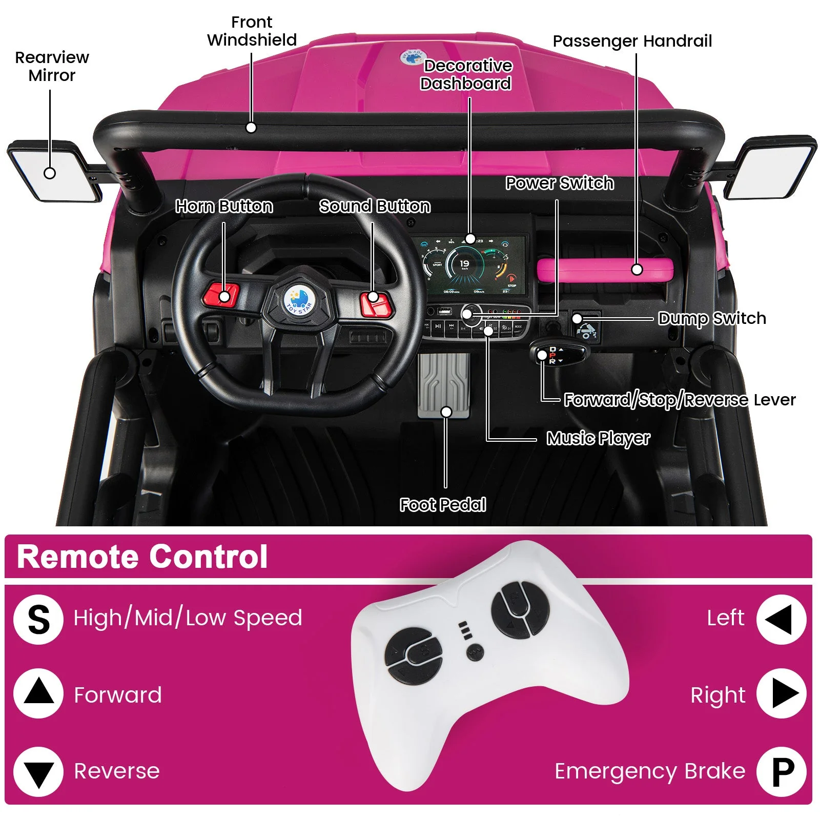 24V Ride on Dump Truck with Remote Control-Pink - Image 8