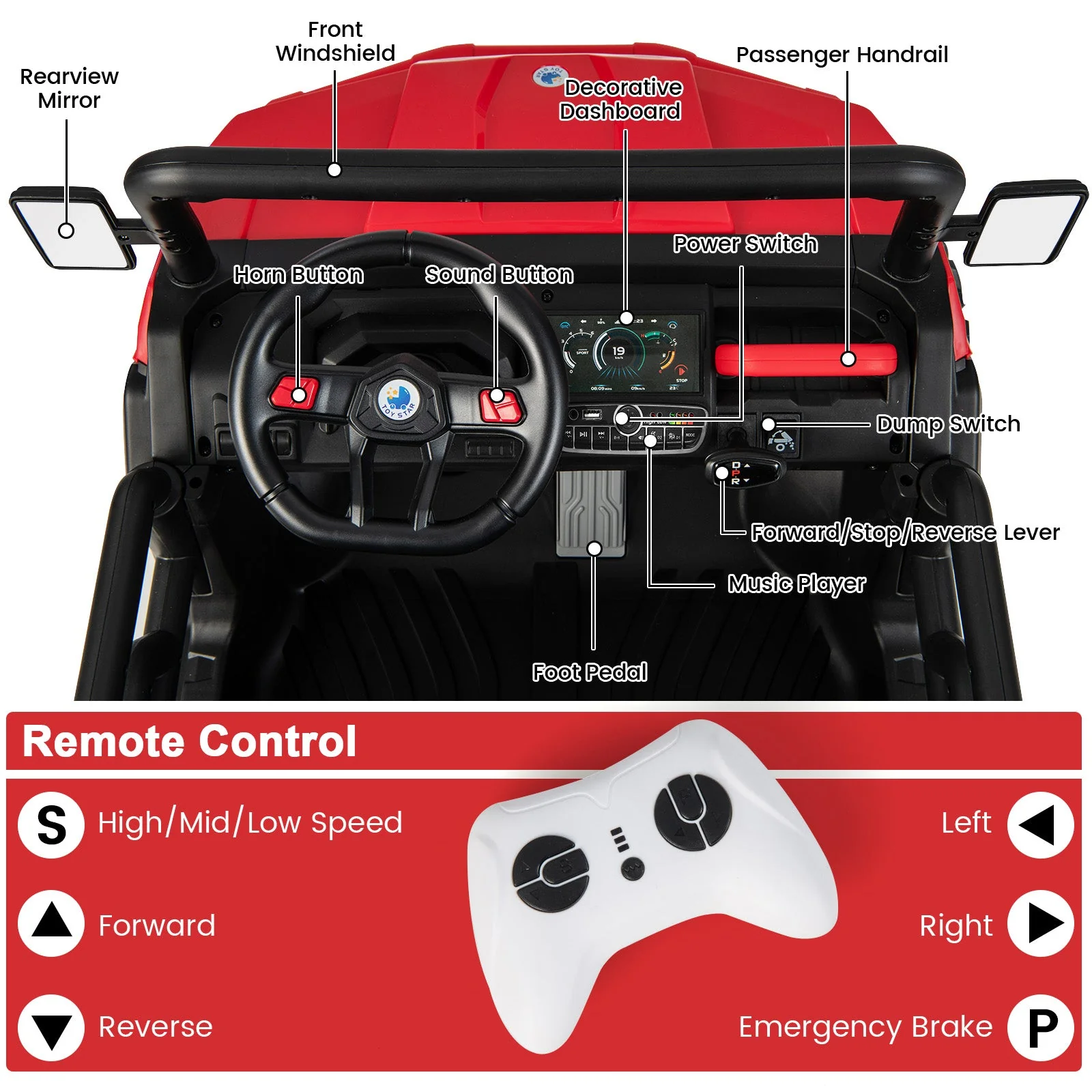 24V Ride on Dump Truck with Remote Control-Red - Image 8