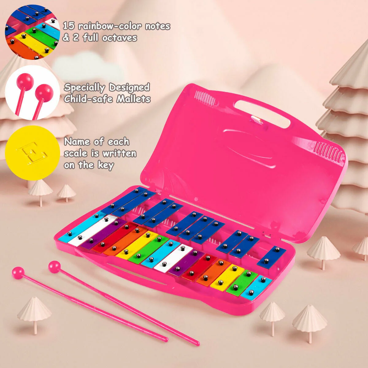 25 Notes Kids Glockenspiel Chromatic Metal Xylophone-Pink - Image 2