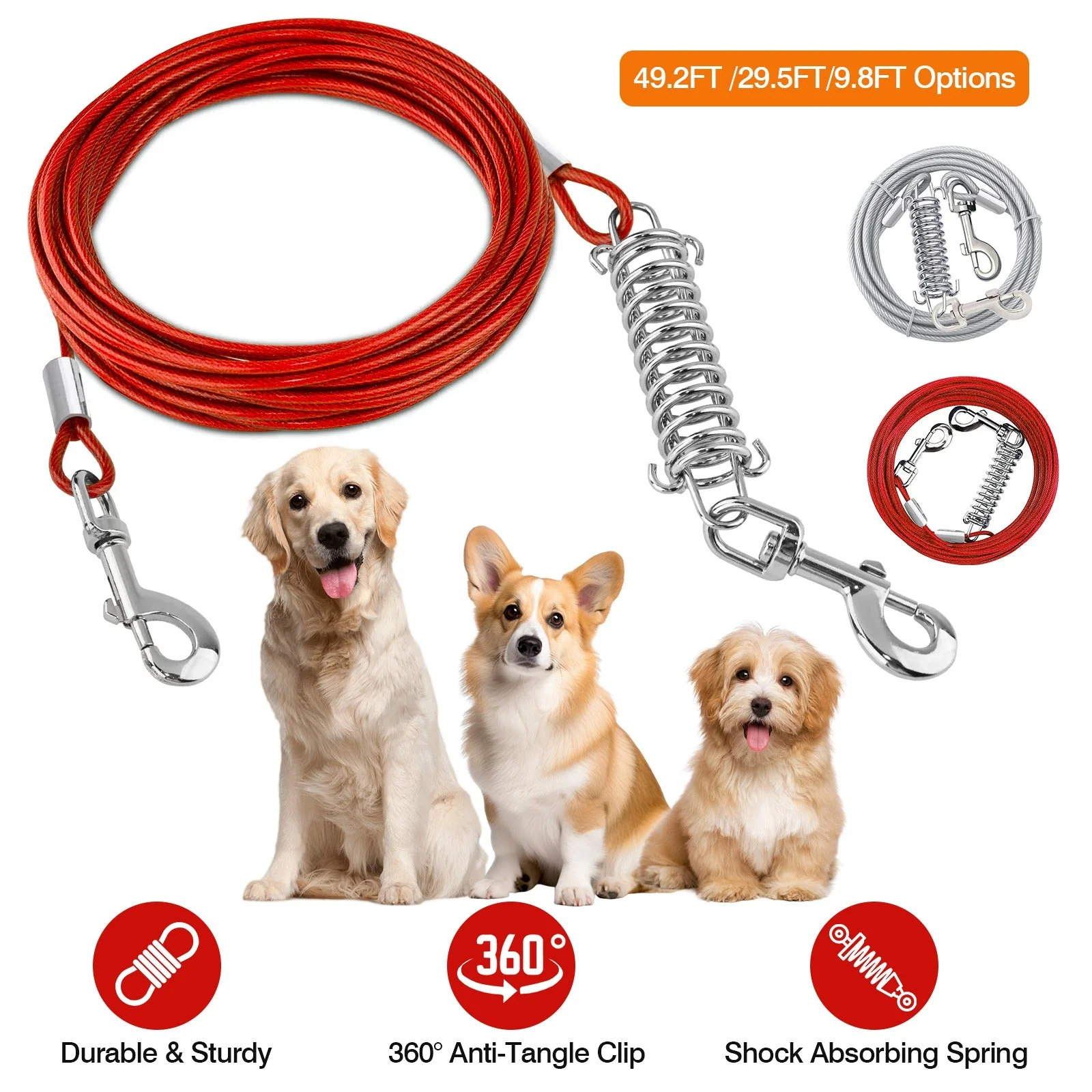 29.5FT Dog Tie Out Cable Long Dog Leash Chew Proof Lead Dog Chain with Durable Spring 360° Rotatable Clips PVC Case for Outside Yard Caming - Image 3