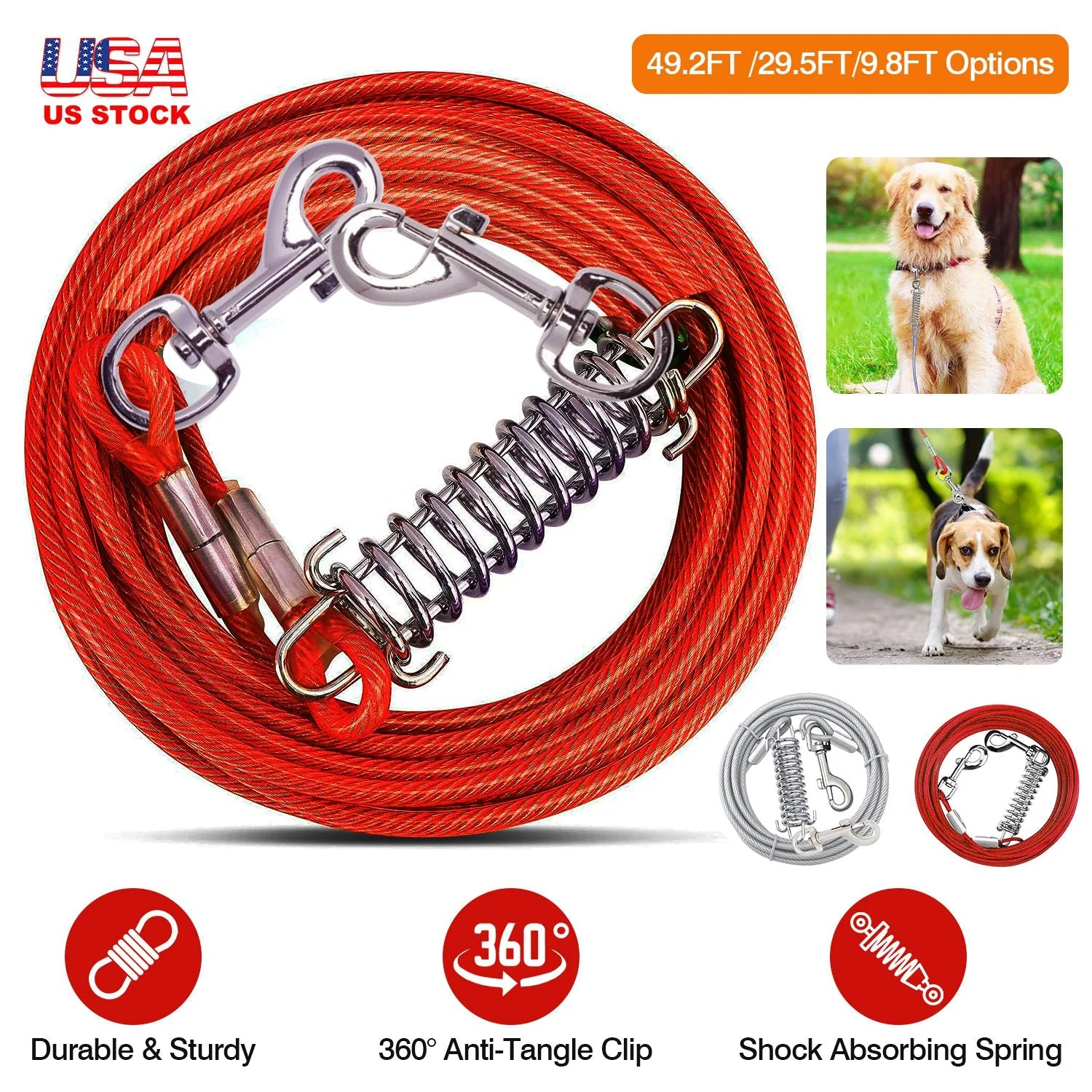 29.5FT Dog Tie Out Cable Long Dog Leash Chew Proof Lead Dog Chain with Durable Spring 360° Rotatable Clips PVC Case for Outside Yard Caming - Image 6