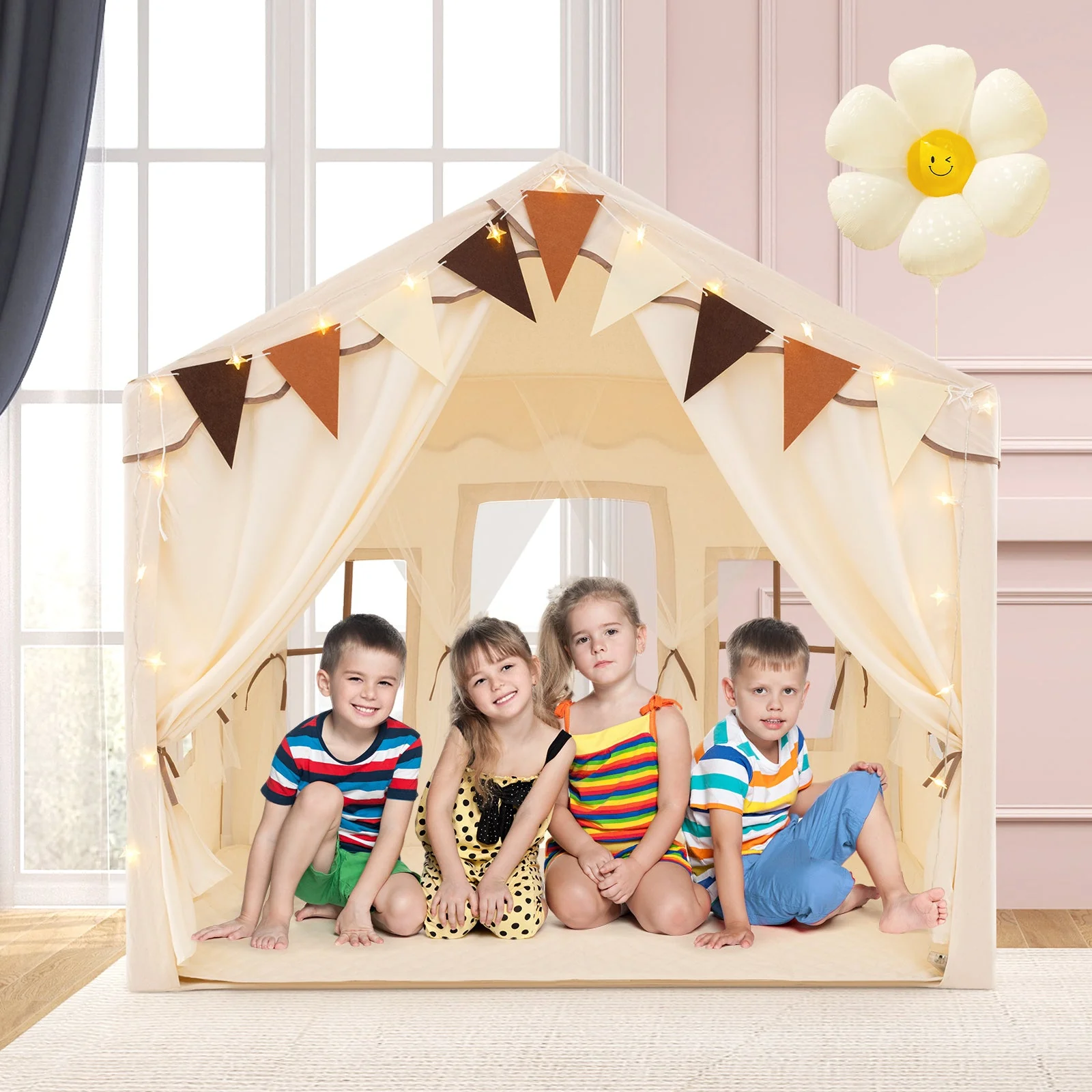 3-4 Kids Large Play Tent House with 2 Opening Doors and Star Lights-Beige - Image 2