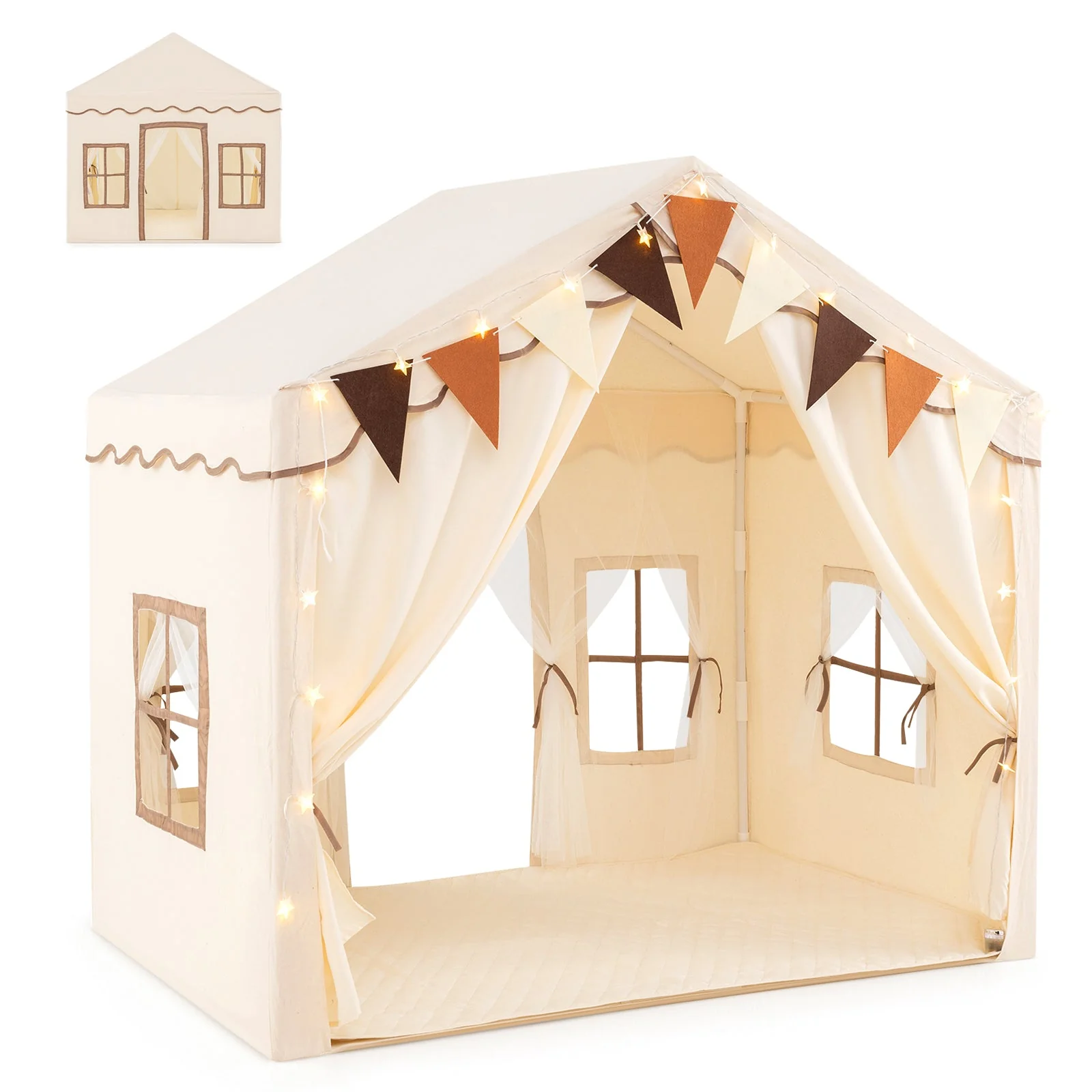 3-4 Kids Large Play Tent House with 2 Opening Doors and Star Lights-Beige - Image 3