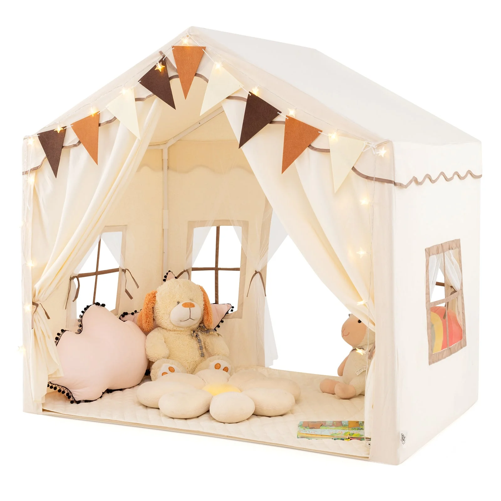 3-4 Kids Large Play Tent House with 2 Opening Doors and Star Lights-Beige - Image 4