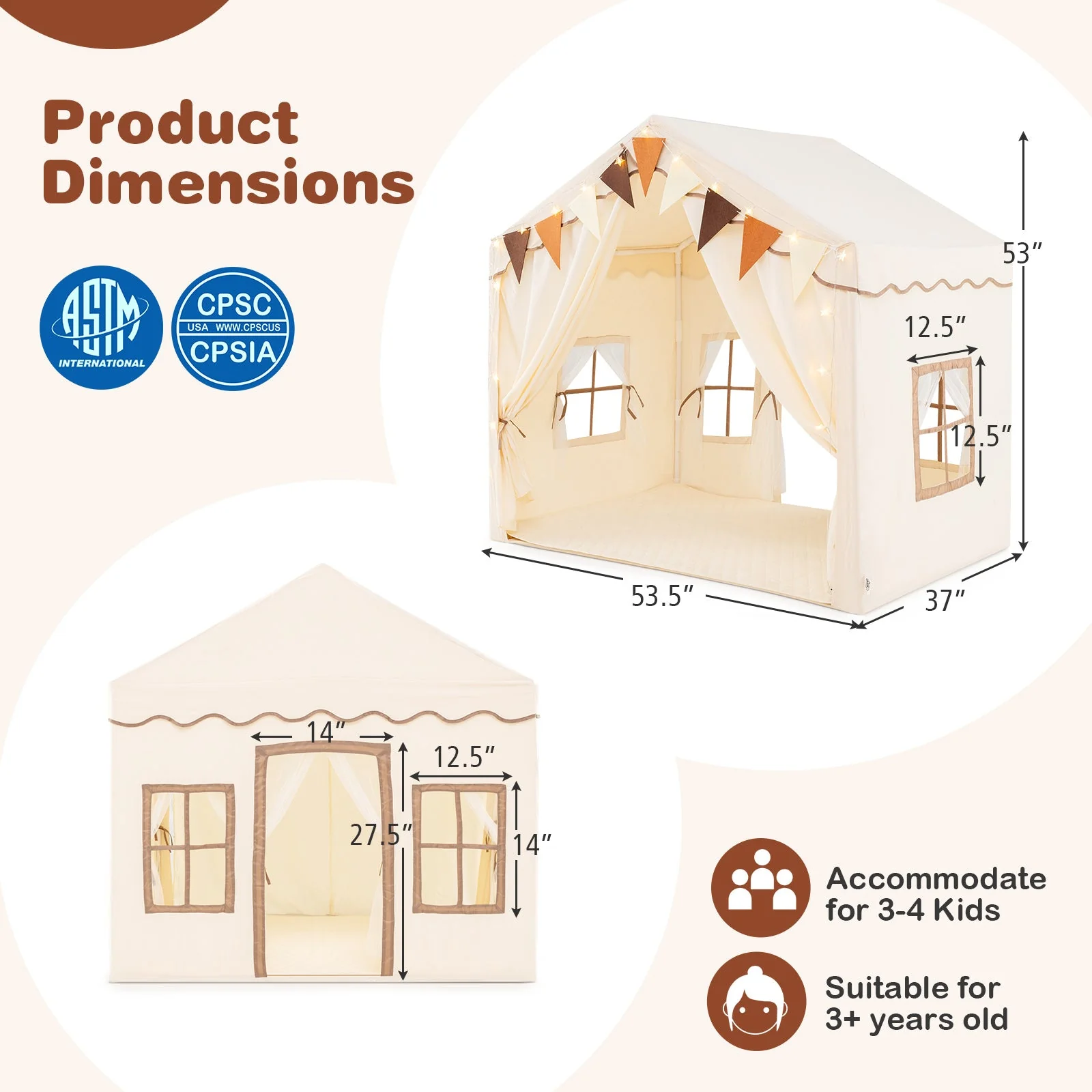 3-4 Kids Large Play Tent House with 2 Opening Doors and Star Lights-Beige - Image 5