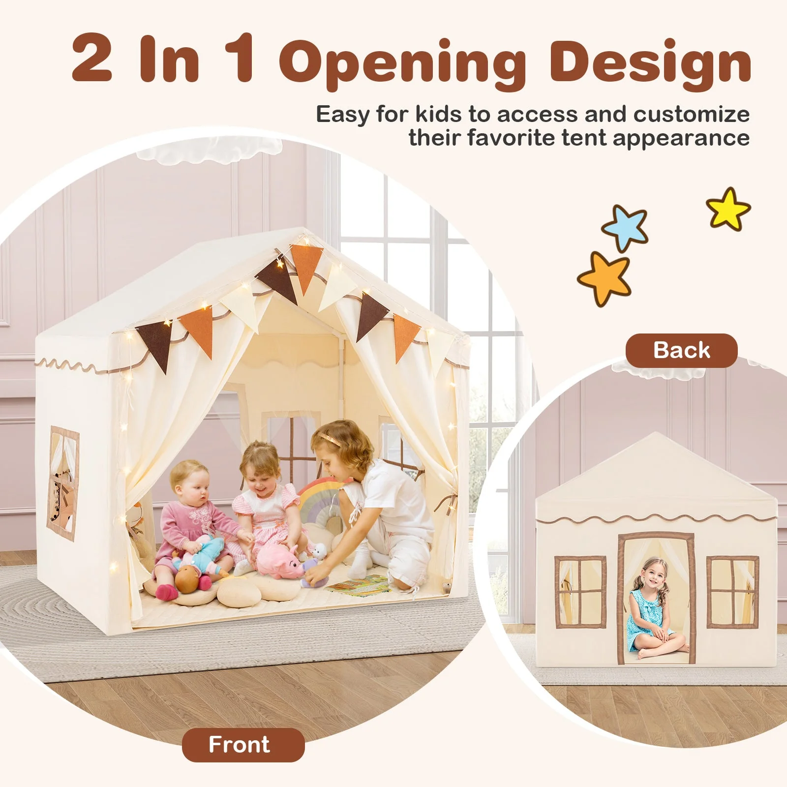 3-4 Kids Large Play Tent House with 2 Opening Doors and Star Lights-Beige - Image 6