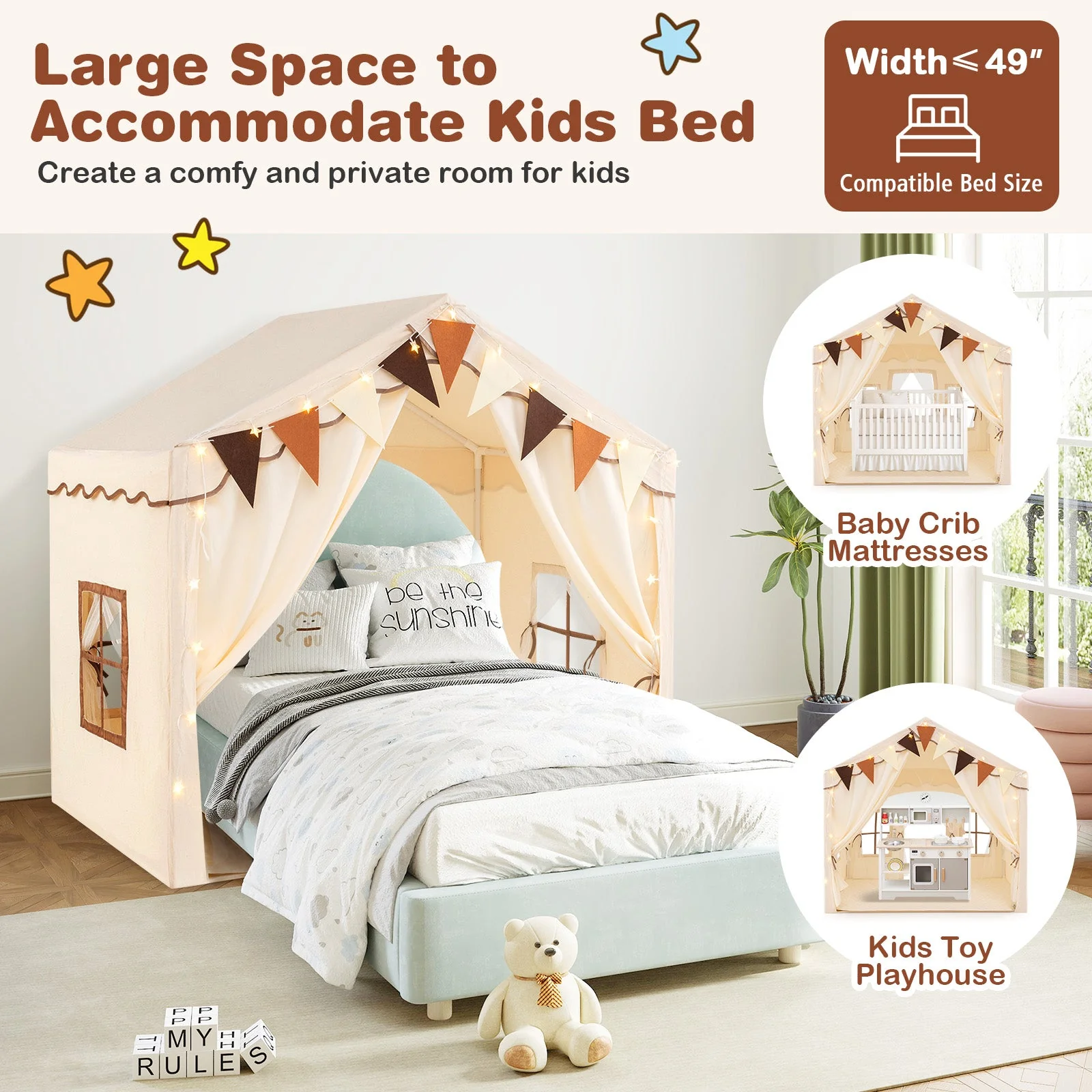 3-4 Kids Large Play Tent House with 2 Opening Doors and Star Lights-Beige - Image 7