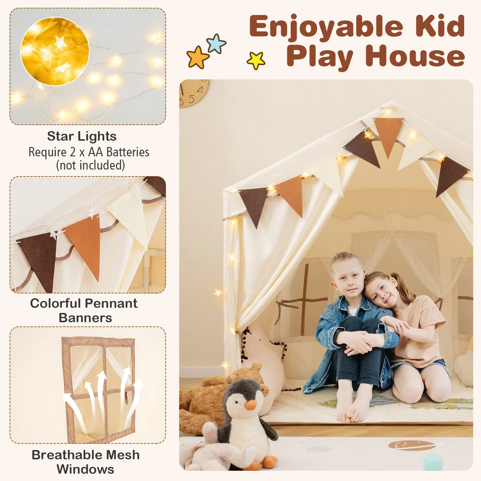 3-4 Kids Large Play Tent House with 2 Opening Doors and Star Lights-Beige - Image 8