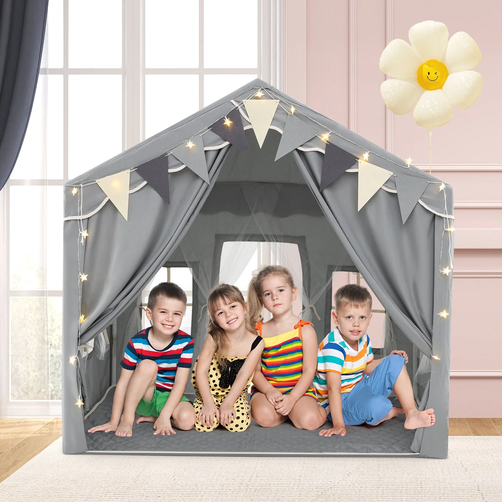 3-4 Kids Large Play Tent House with 2 Opening Doors and Star Lights-Gray - Image 2